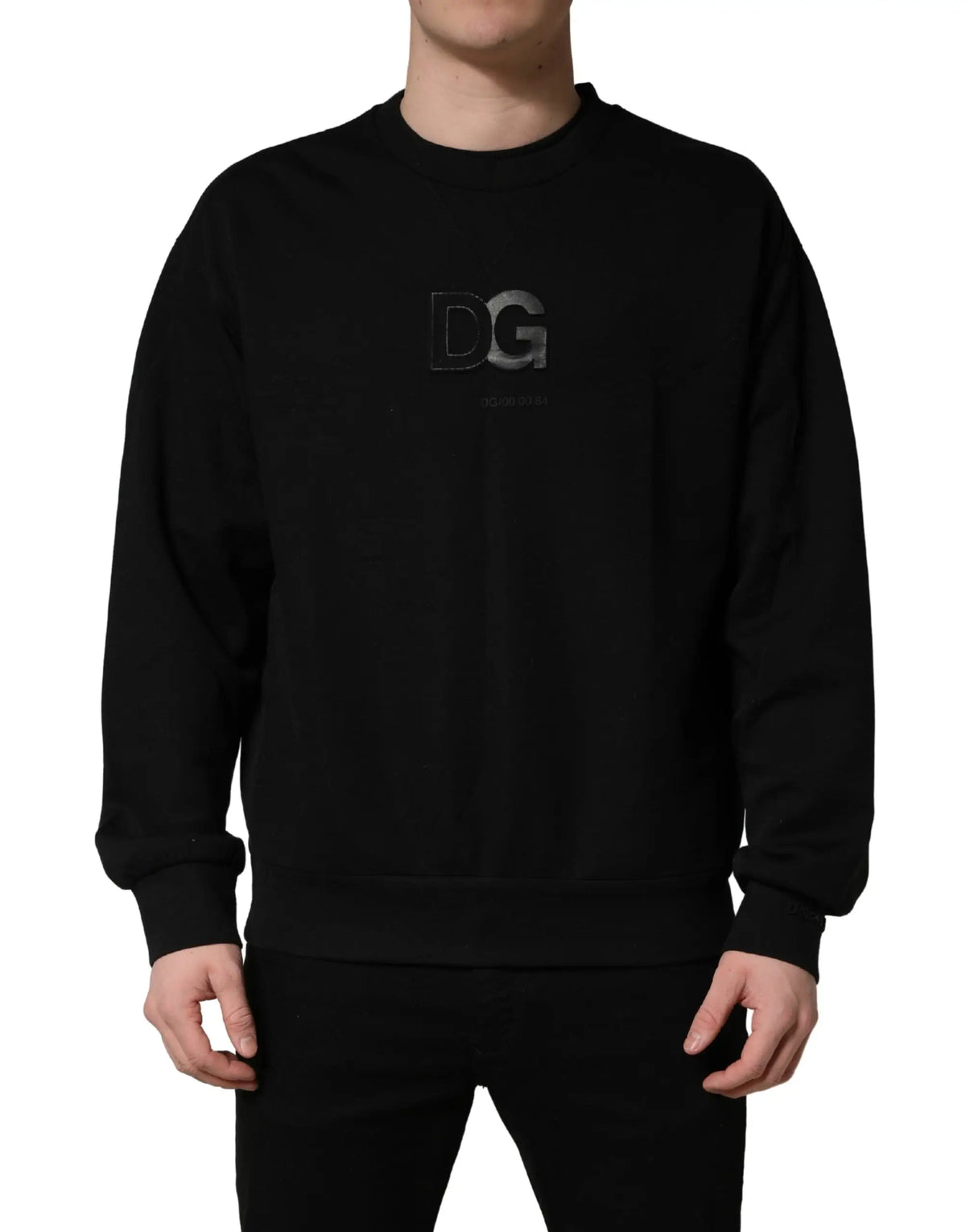 Sweatshirt noir dolce & gabbana en coton avec logo dg ton sur ton brodé sur la poitrine pour homme