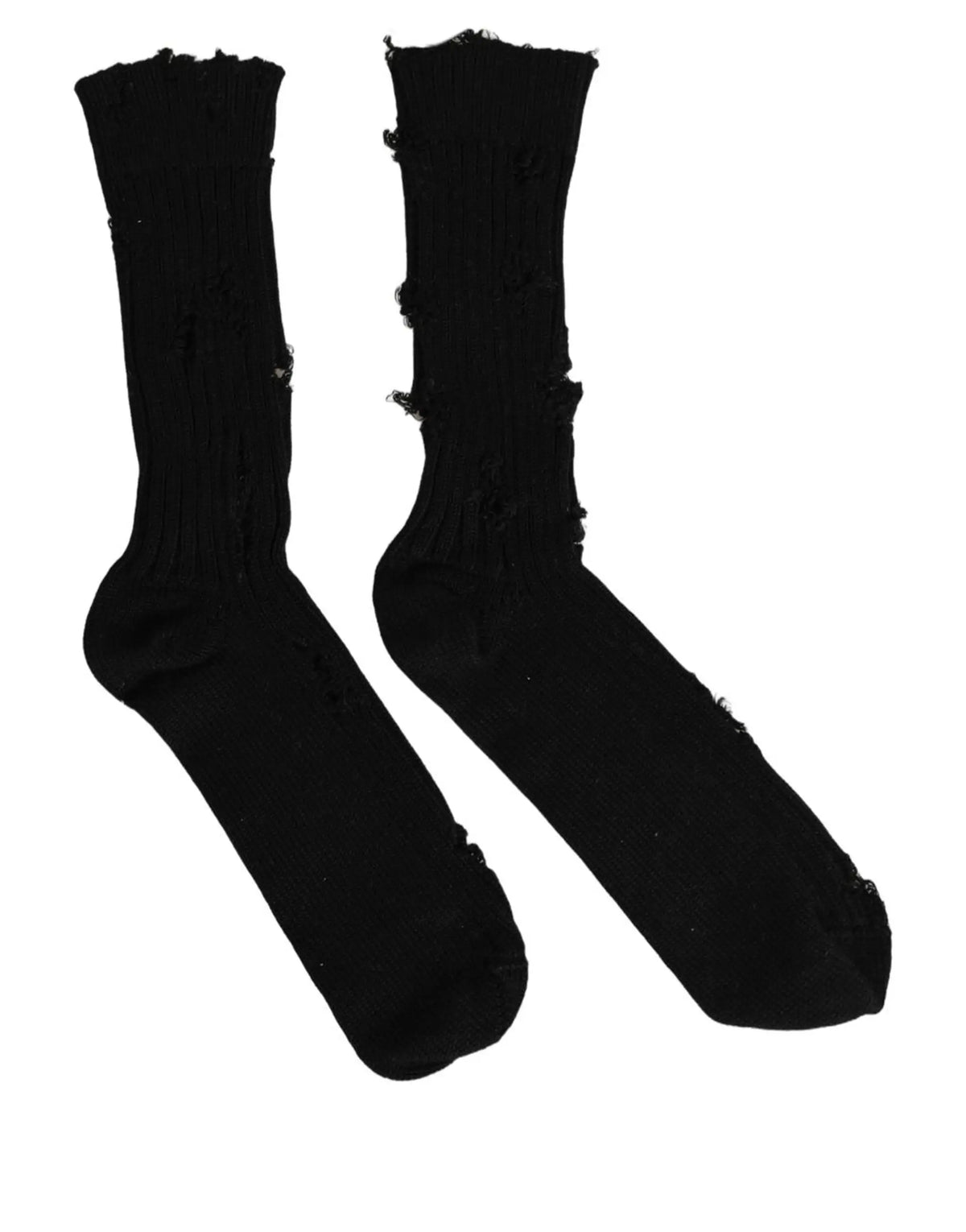 Chaussettes dolce & gabbana noires en coton côtelé avec bords effilochés et usés aux chevilles, mi-mollet