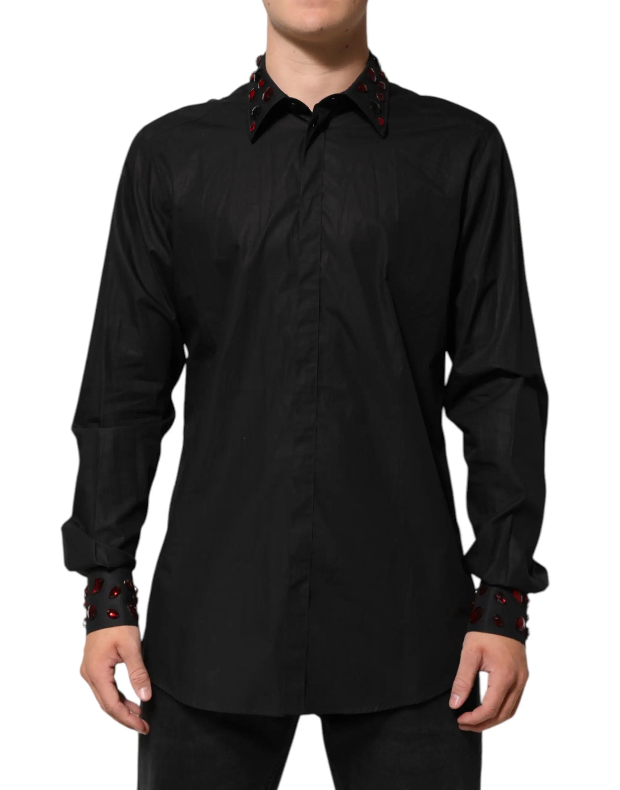 Chemise homme dolce gabbana en coton noir avec col et poignets rouges embellis à manches longues boutonnées