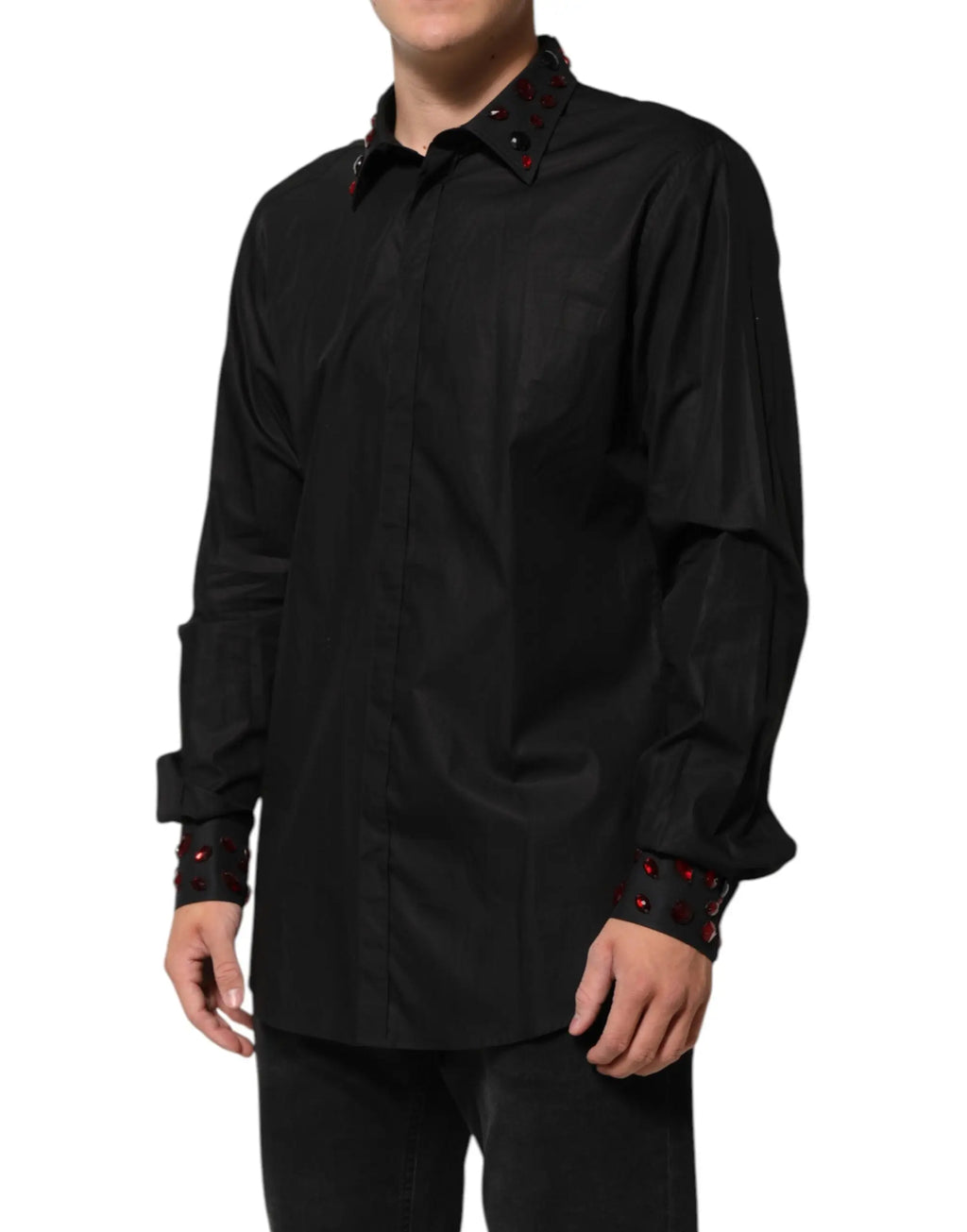 Chemise homme dolce & gabbana noire en coton avec col et poignets rouges ornés de détails brodés
