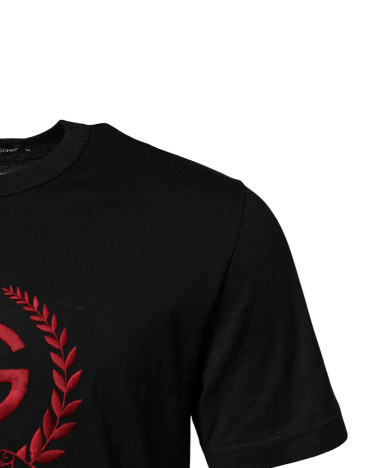 T-shirt noir en coton dolce & gabbana avec broderie rouge d une couronne de laurier autour d un grand g