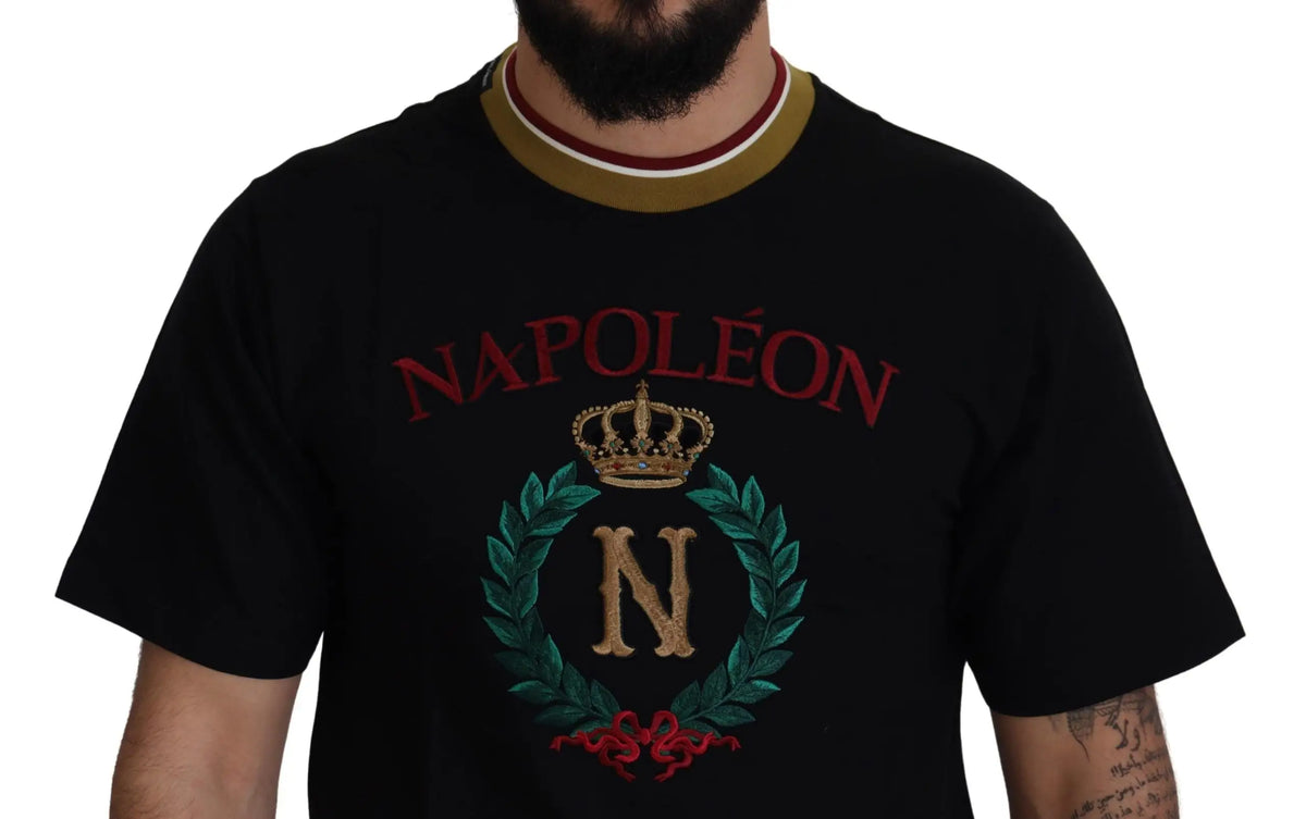 Dolce & gabbana t shirt noir en coton avec logo napoléon brodé en fil doré rouge et vert sur le devant