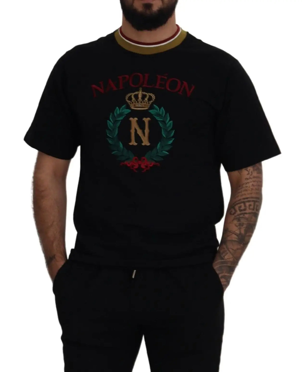 T-shirt noir en coton dolce & gabbana à manches courtes avec broderie napoléon rouge, couronne dorée et laurier vert