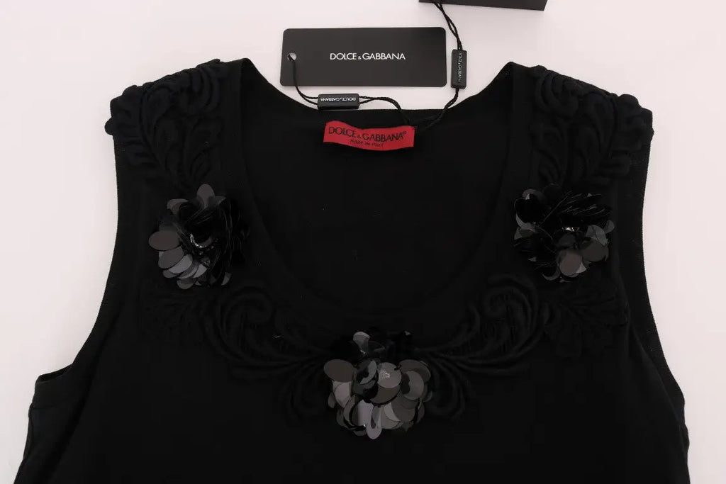 Top noir sans manches dolce & gabbana en coton avec embellissements floraux complexes en sequins et broderies cristal