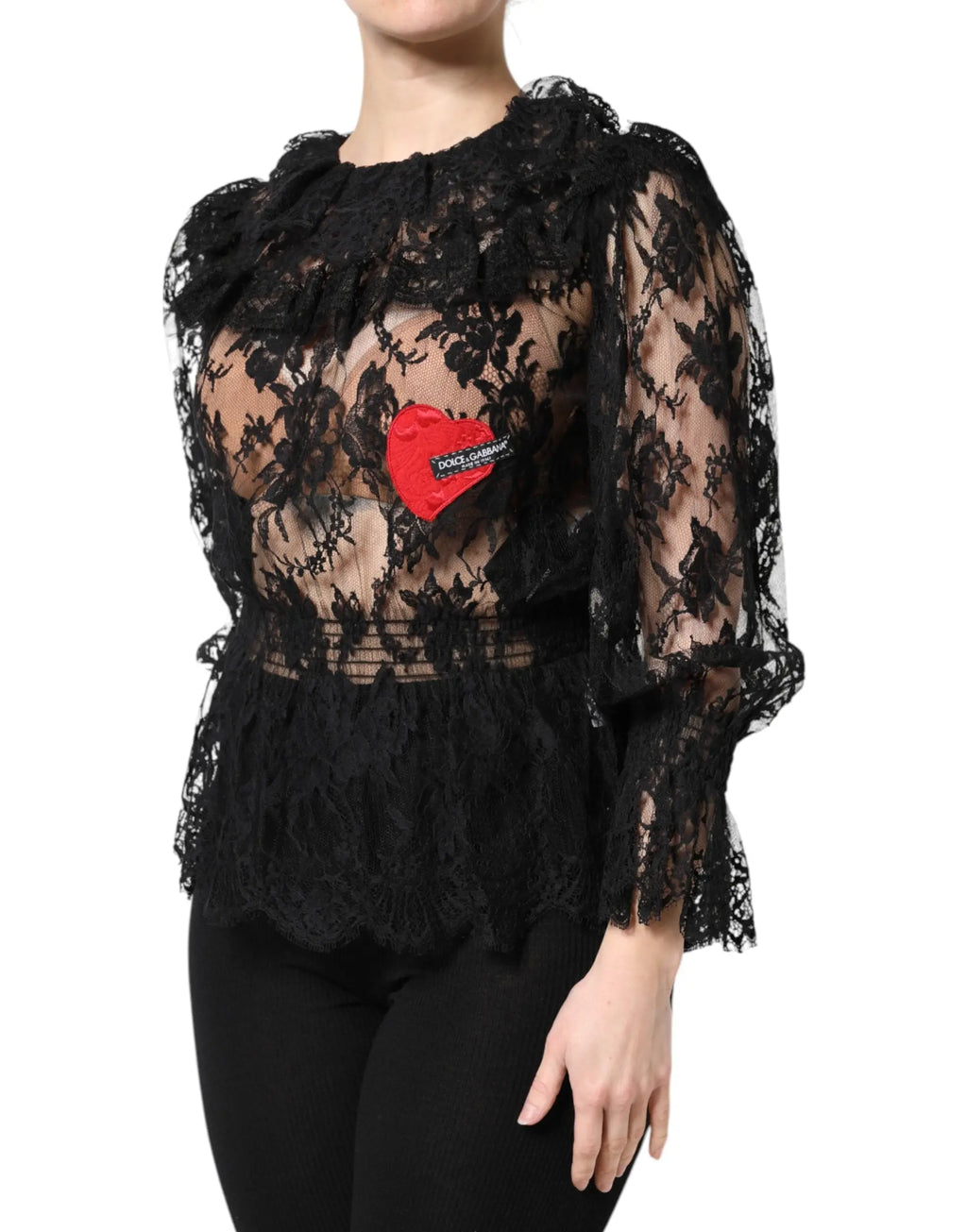 Dolce & gabbana blouse femme en coton noir avec dentelle florale manches longues transparentes et cœur rouge poitrine