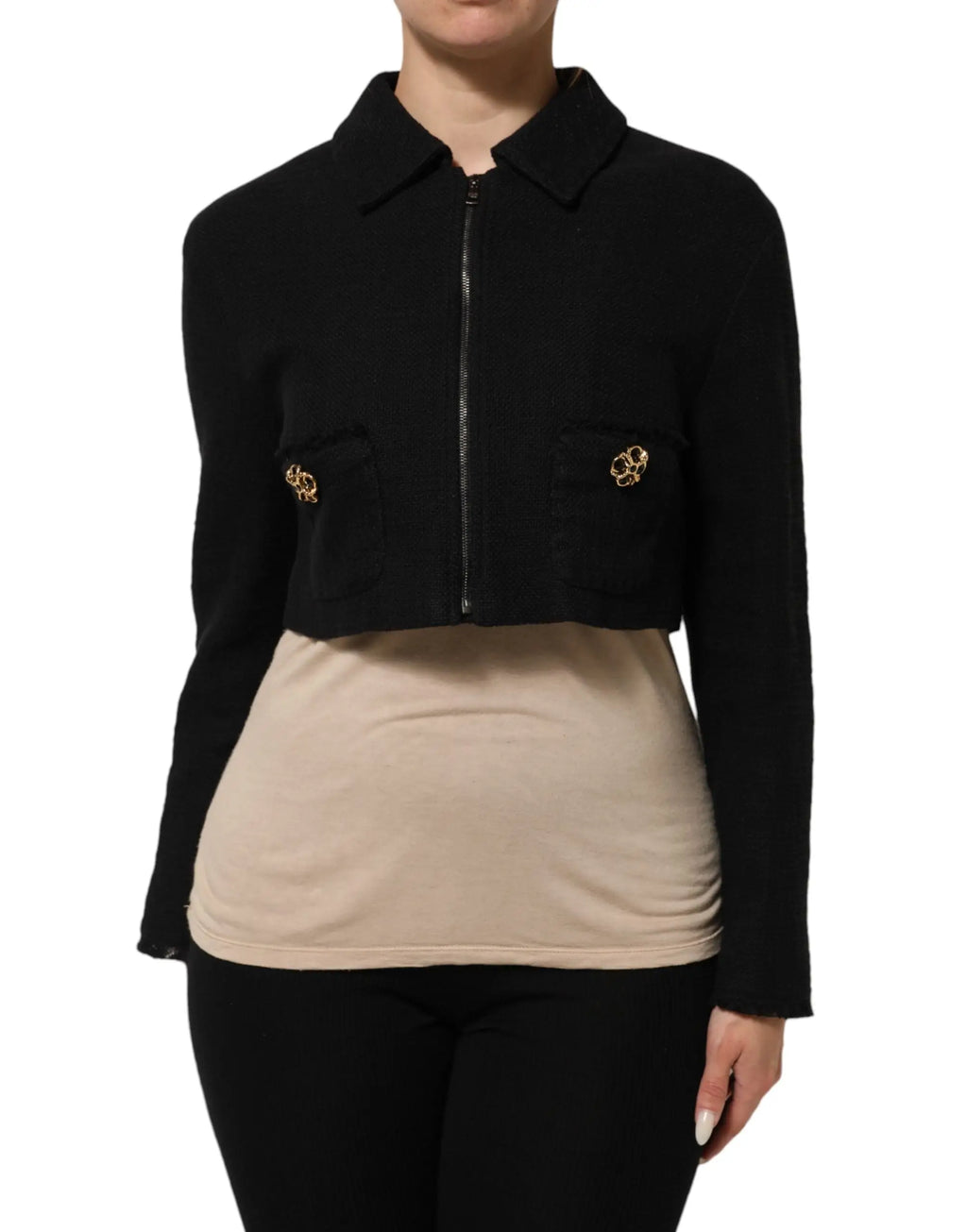 Dolce & gabbana veste cropped noire en coton avec fermeture éclair intégrale et boutons floraux dorés sur les poches