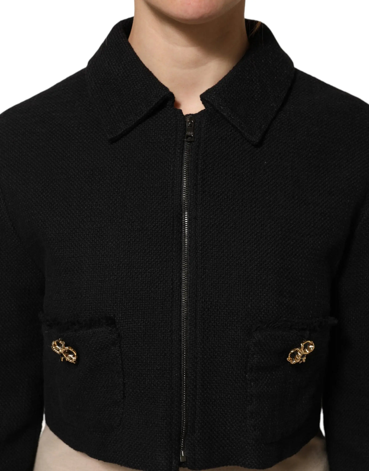 Veste courte noire en tweed texturé dolce gabbana en coton avec fermeture éclair complète et boutons chaîne dorés sur les poches