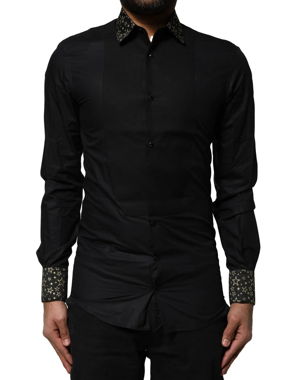 Dolce & gabbana chemise habillée noire en coton avec col et poignets contrastants à motif étoile subtil