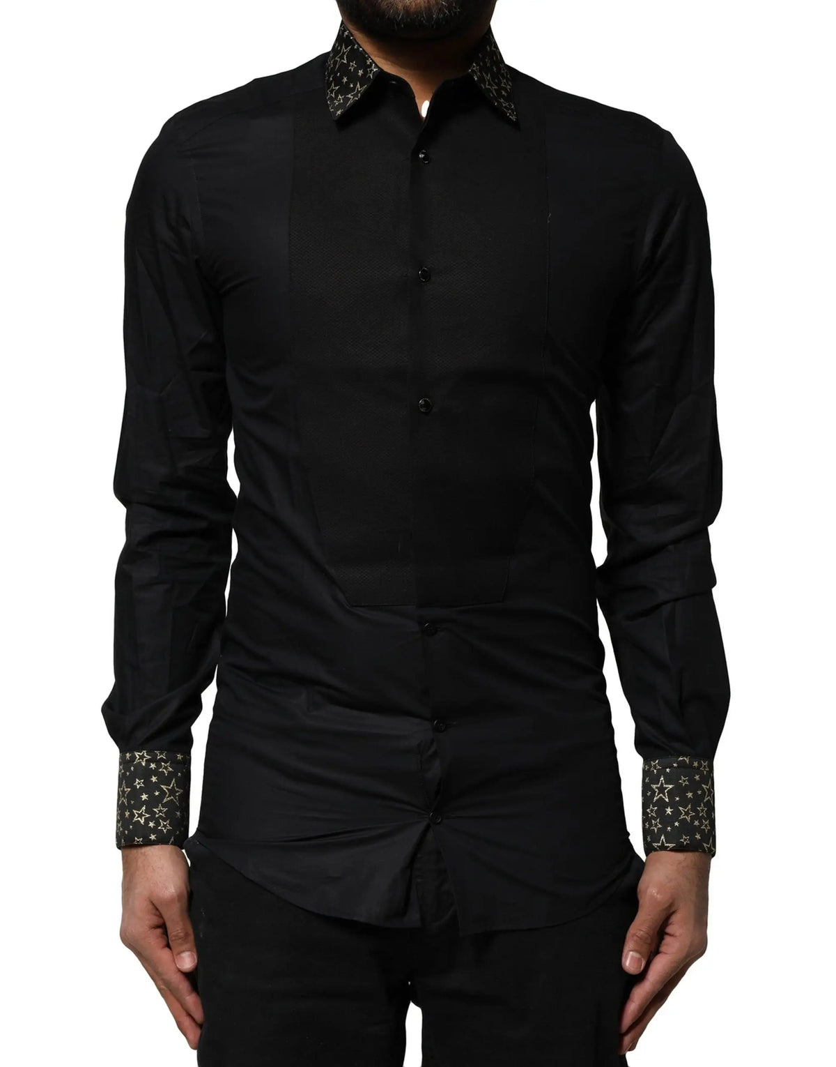 Dolce & gabbana chemise habillée noire en coton avec col et poignets contrastants à motif étoile subtil