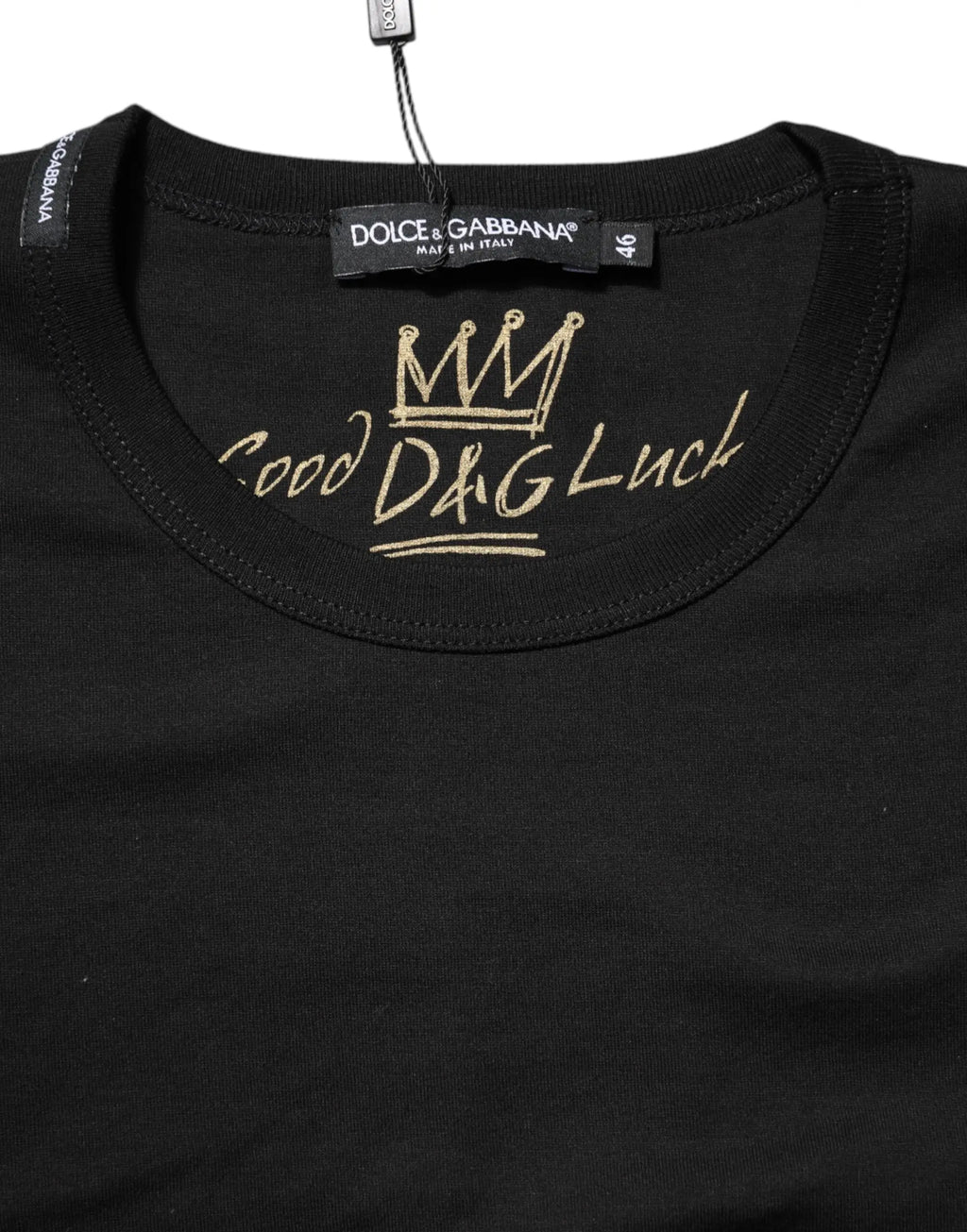 T-shirt dolce & gabbana noir en coton avec texte brodé or good d&g luck et design couronne