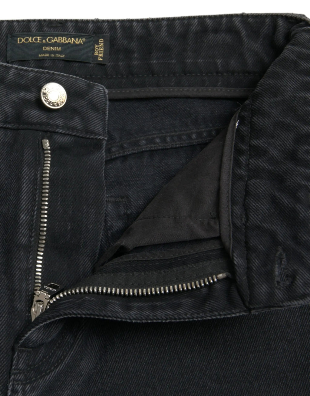Jean boyfriend dolce gabbana en denim noir en coton taille haute avec bouton et fermeture éclair argentés