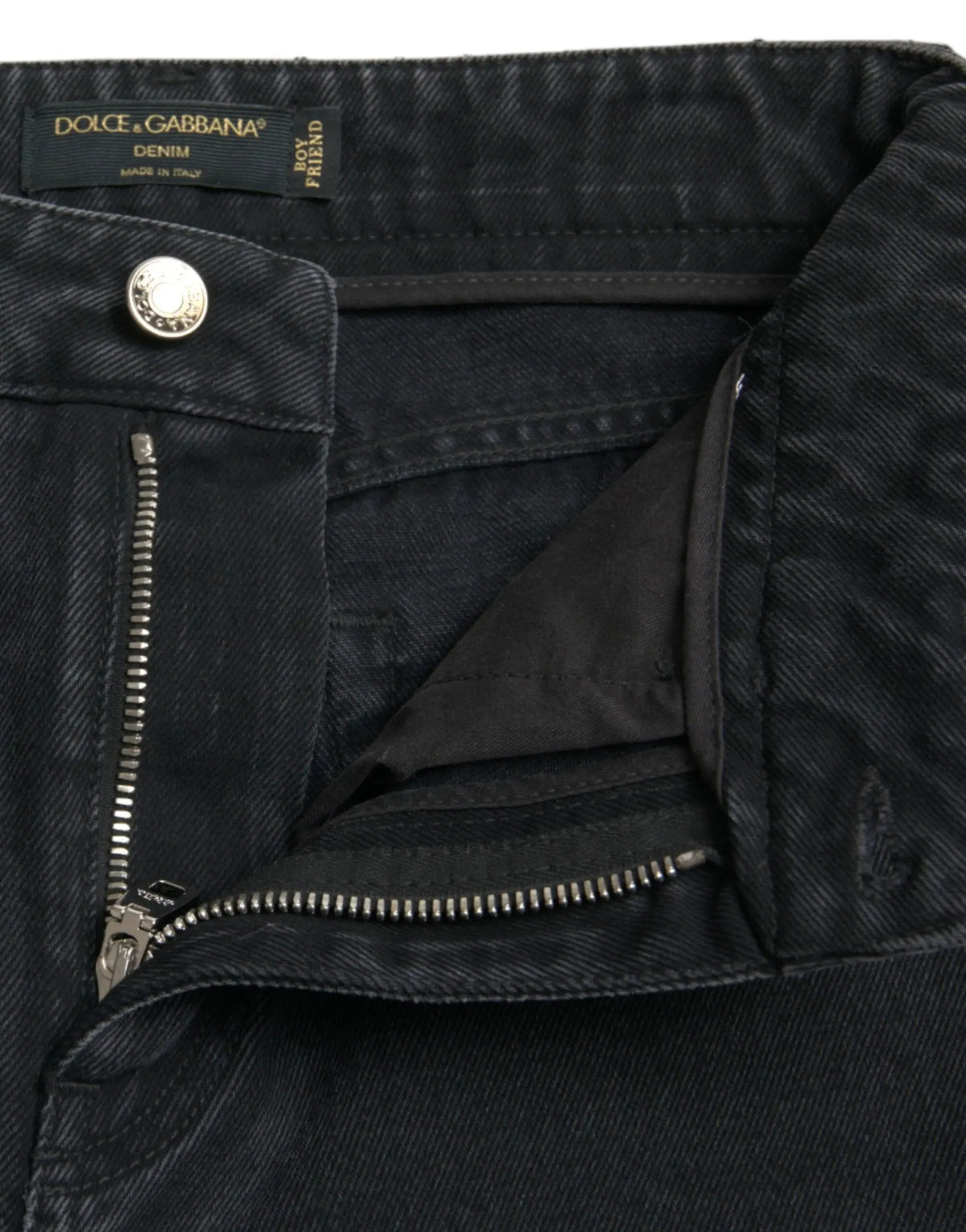 Jean boyfriend dolce gabbana en denim noir en coton taille haute avec bouton et fermeture éclair argentés