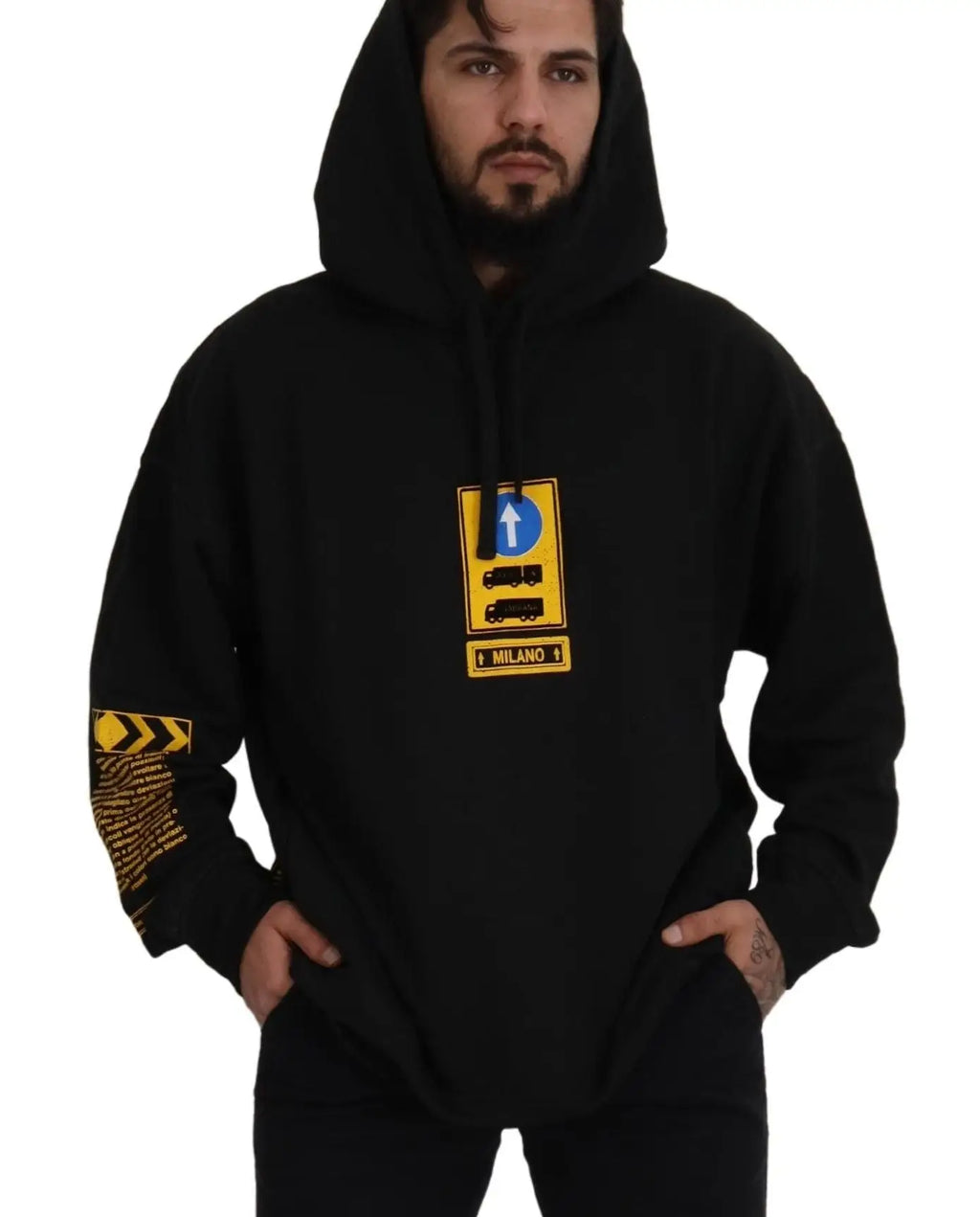 Dolce & gabbana sweat à capuche en coton noir avec logo milano jaune et bandes style ruban de signalisation sur les manches