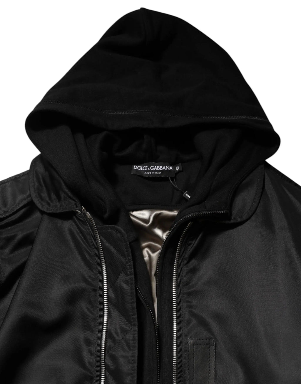 Dolce & gabbana bomber noir en coton avec capuche et intérieur en satin zippé intégral