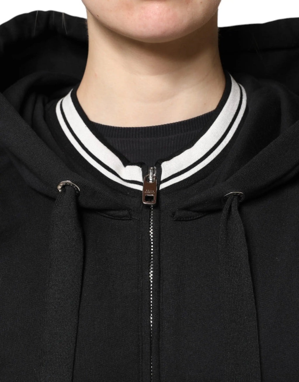 Dolce & gabbana sweat à capuche zippé en coton noir avec col et cordons rayés blancs
