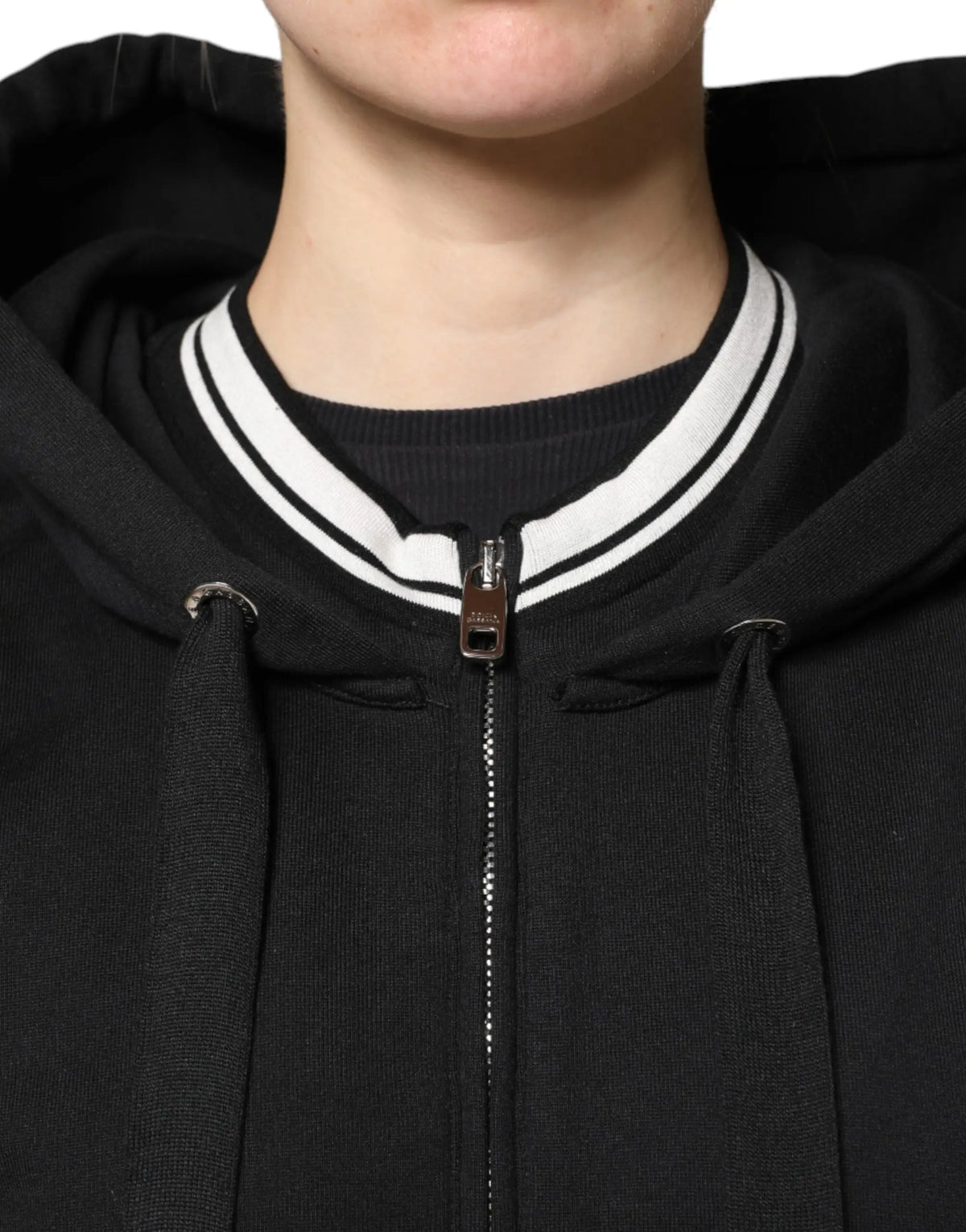 Dolce & gabbana sweat à capuche zippé en coton noir avec col et cordons rayés blancs