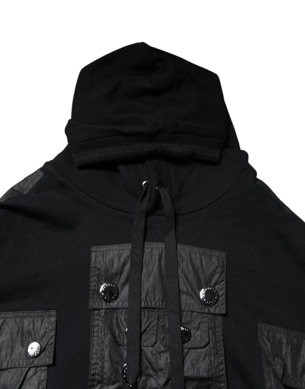 Dolce & gabbana sweat à capuche noir en coton avec boutons argentés réfléchissants et panneaux texturés subtils