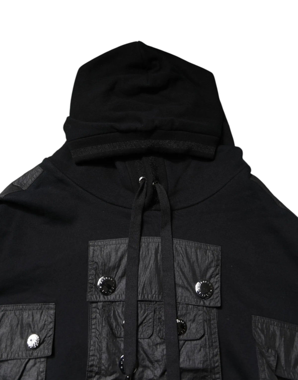 Dolce & gabbana sweat à capuche noir en coton avec boutons argentés réfléchissants et panneaux texturés subtils