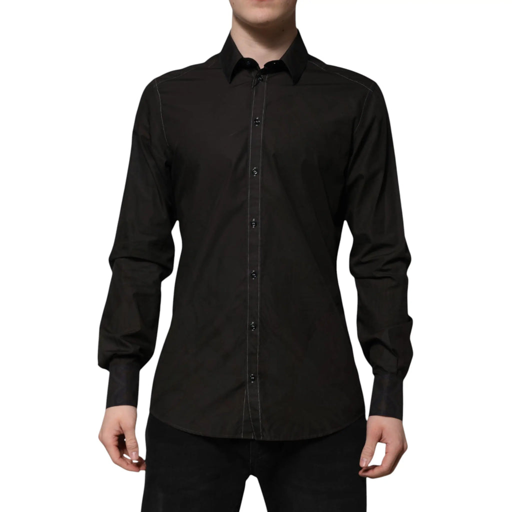 Chemise habillée noire dolce & gabbana en coton jacquard avec surpiqûres contrastantes sur la patte de boutonnage et les poignets