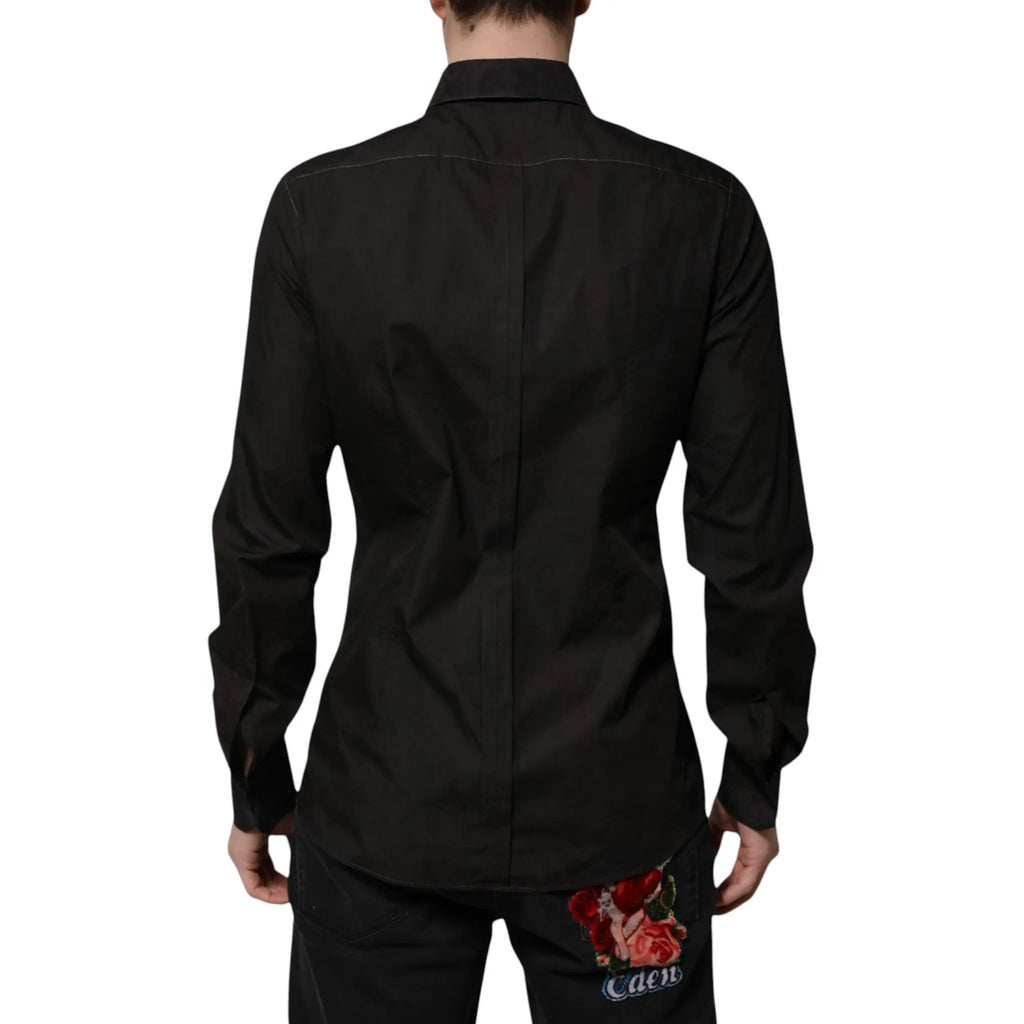 Chemise noire dolce & gabbana en coton jacquard avec broderie rose rouge et caen au dos manches longues