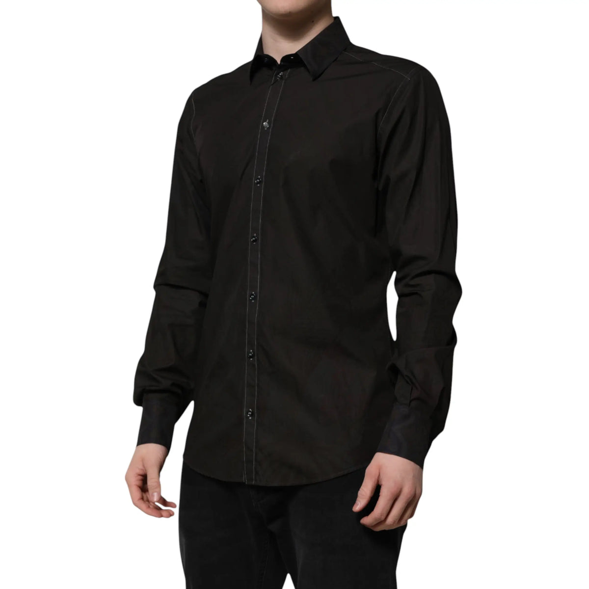Chemise habillée noire dolce & gabbana en coton jacquard avec surpiqûres contrastées le long du plastron et des poignets