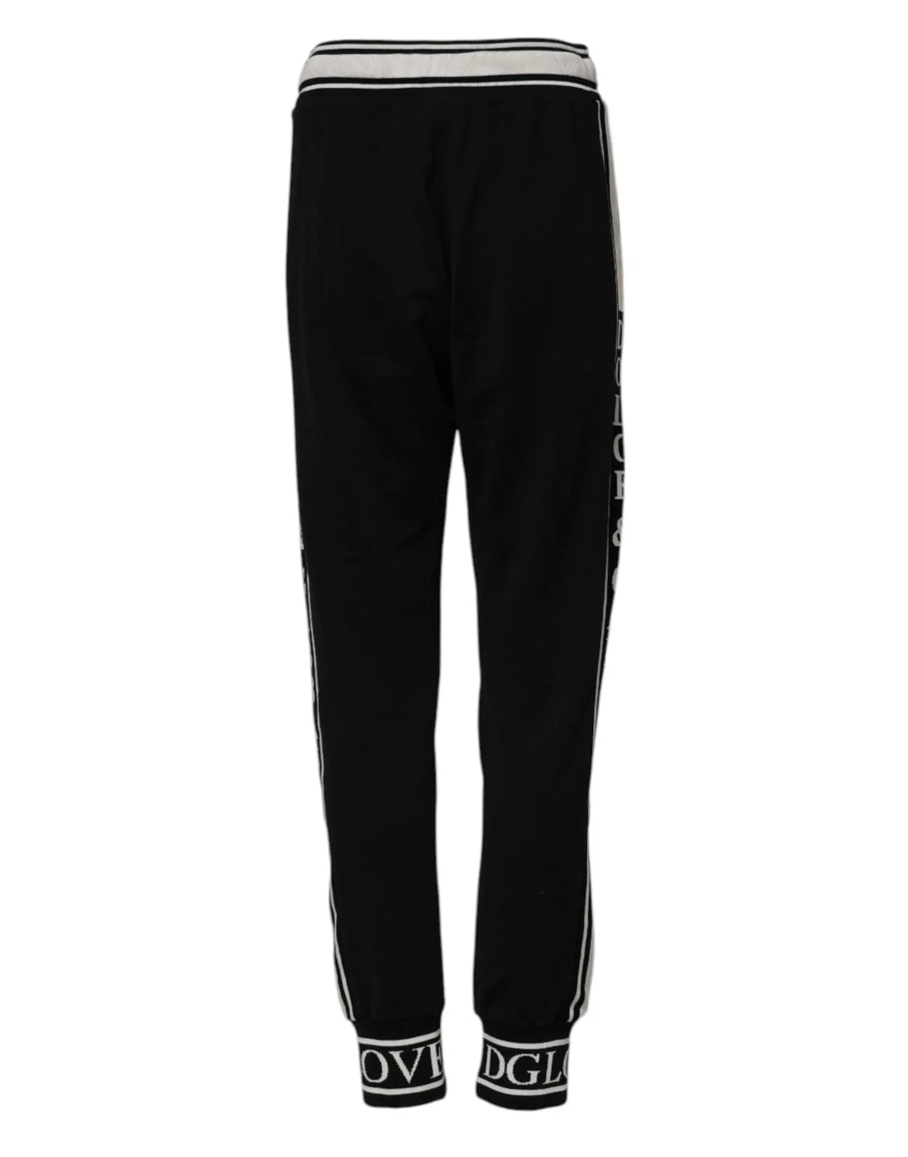 Dolce & gabbana black cotton jogger pants with white striped side panels and bold vertical logo on the outer leg
