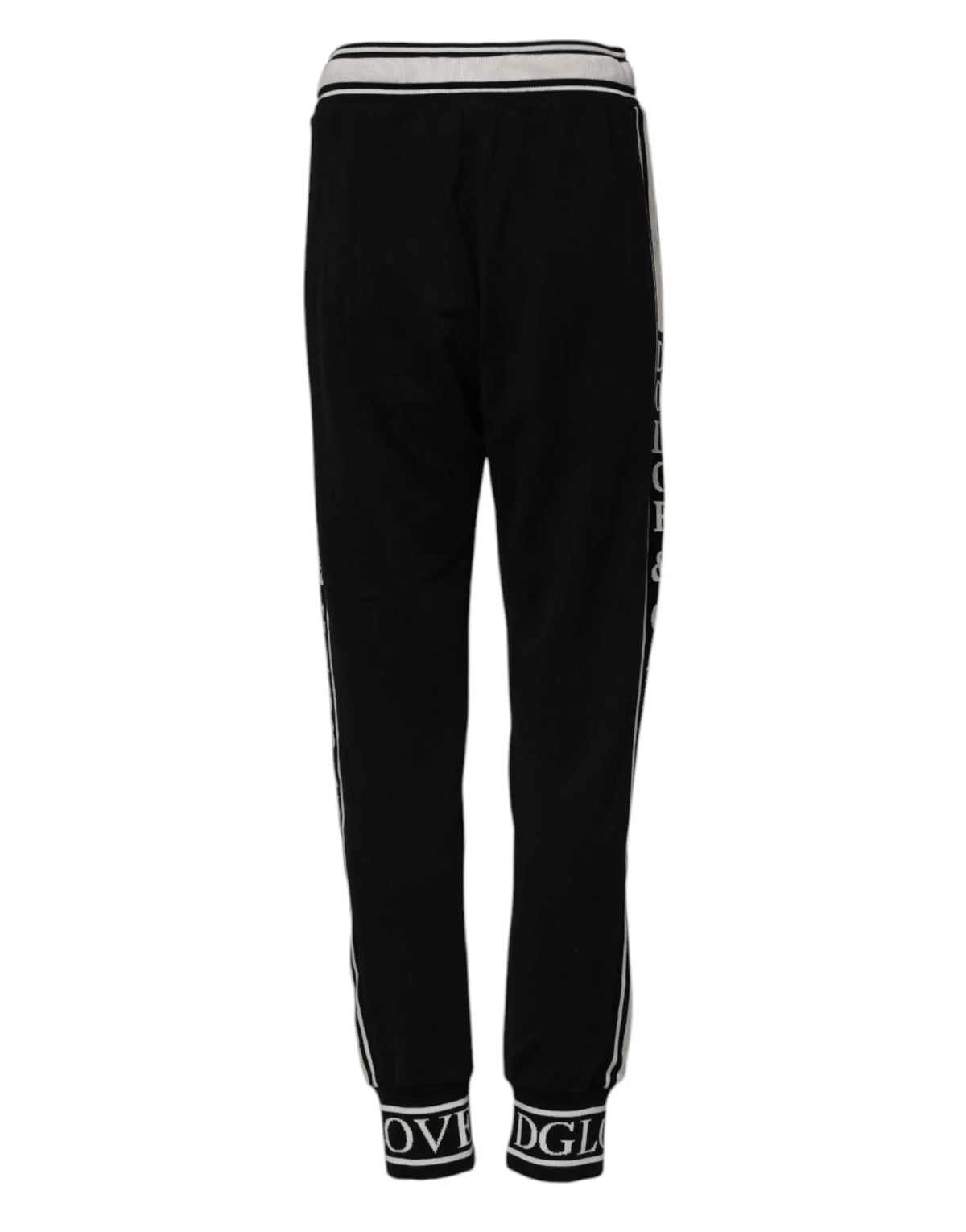 Dolce & gabbana black cotton jogger pants with white striped side panels and bold vertical logo on the outer leg
