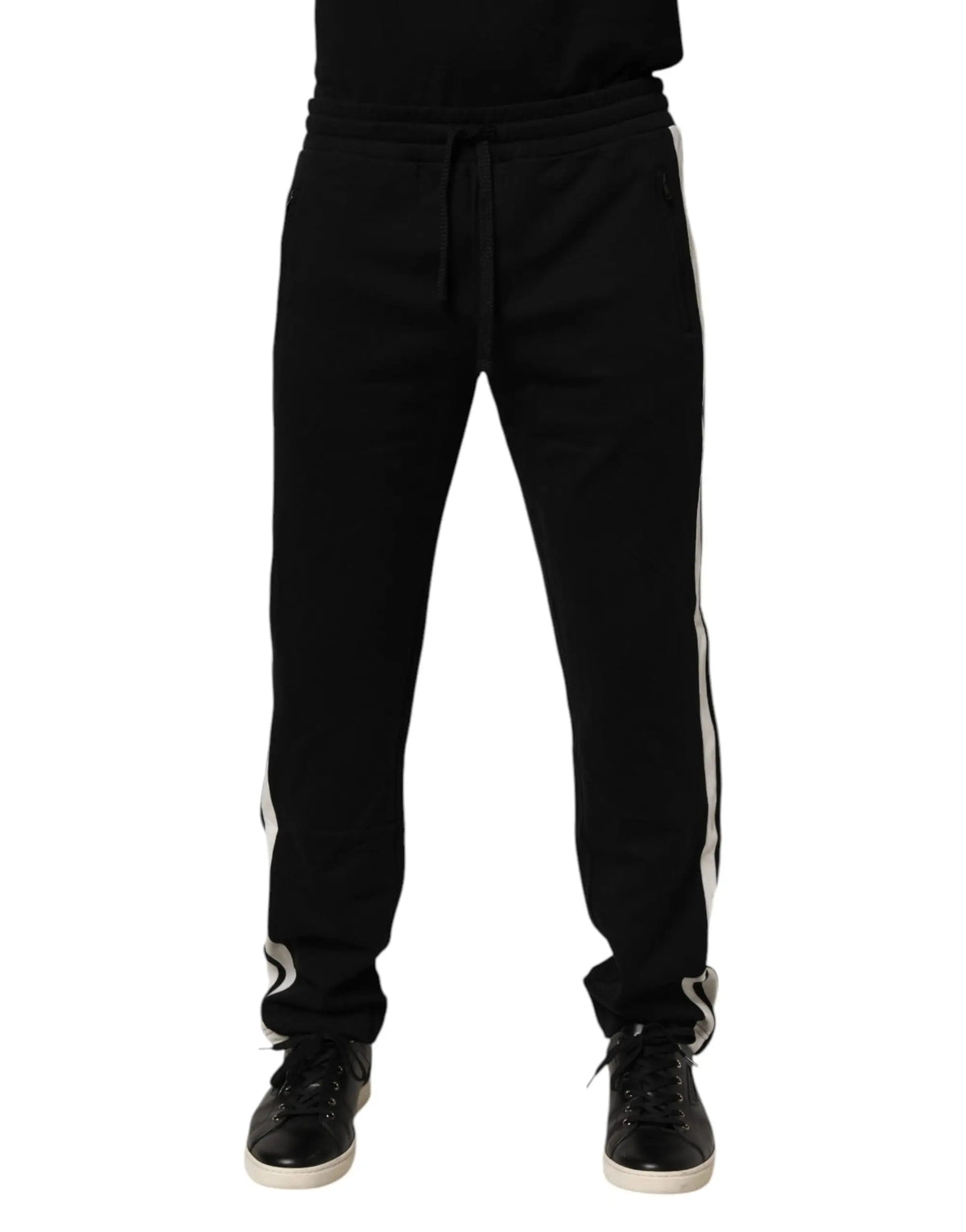 Dolce & gabbana pantalon de jogging en coton noir avec bandes blanches latérales et taille à cordon