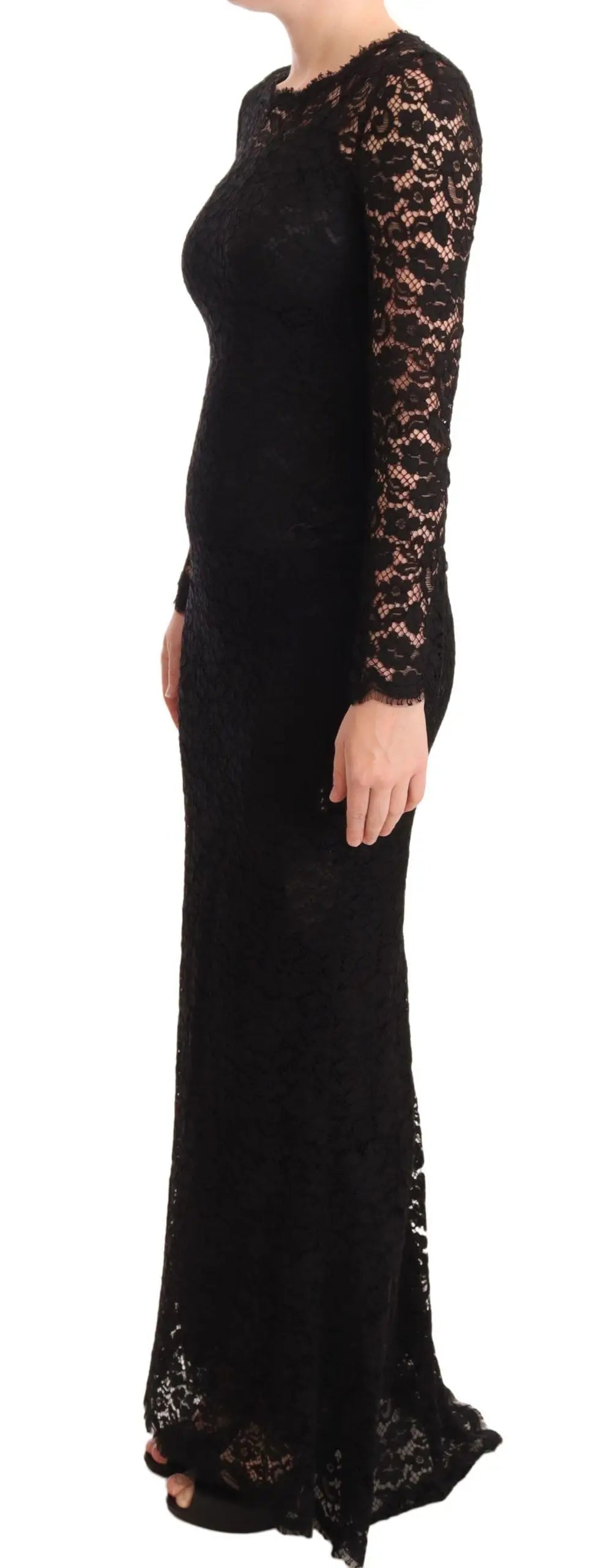 Robe sirène noire dolce & gabbana en dentelle de coton avec manches longues et motifs floraux détaillés