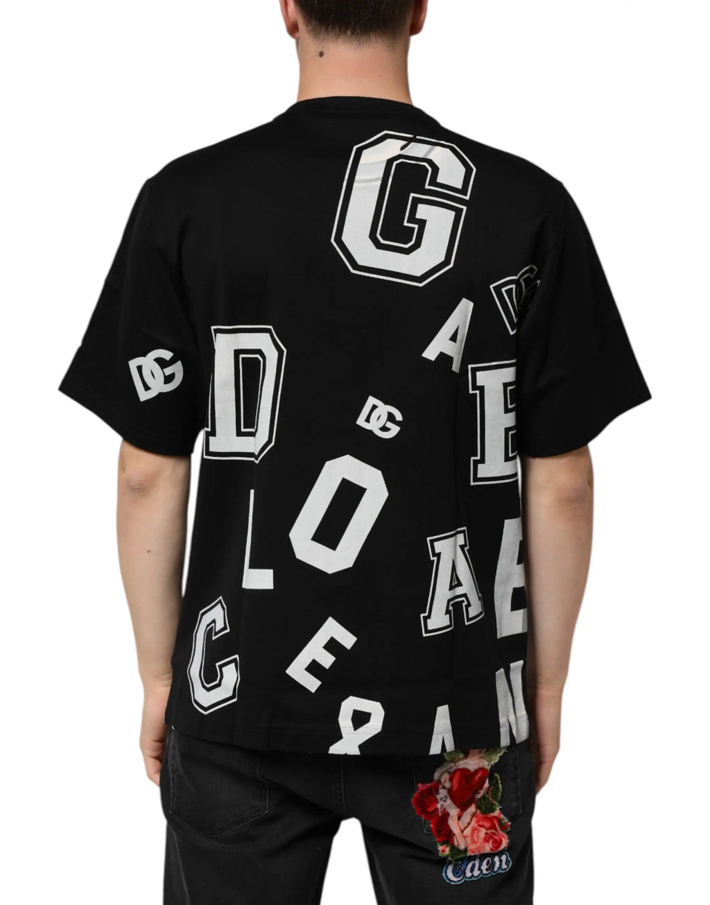 T-shirt noir dolce & gabbana en coton avec lettrage blanc style universitaire dos avec logos dg et patch rose brodé
