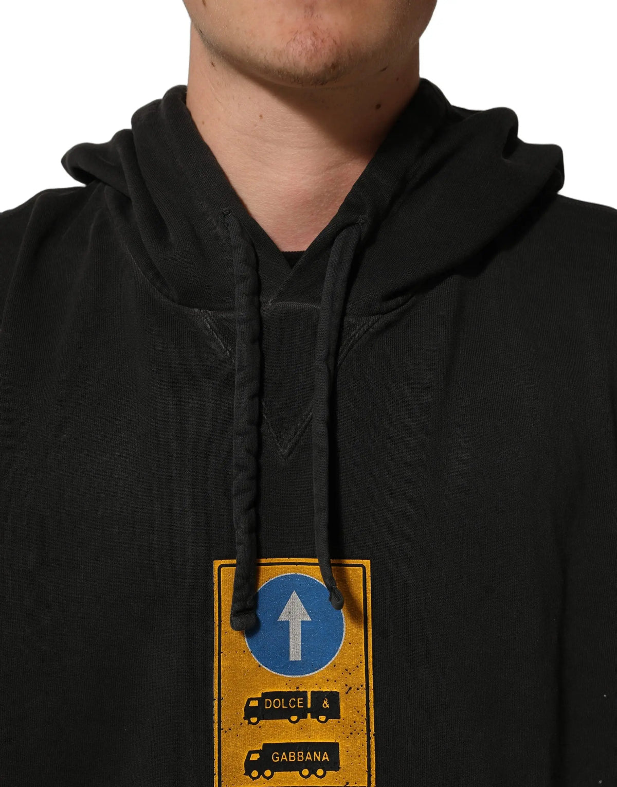 Sweat à capuche oversize noir dolce & gabbana en coton avec graphisme jaune panneau routier et logos camion bleu