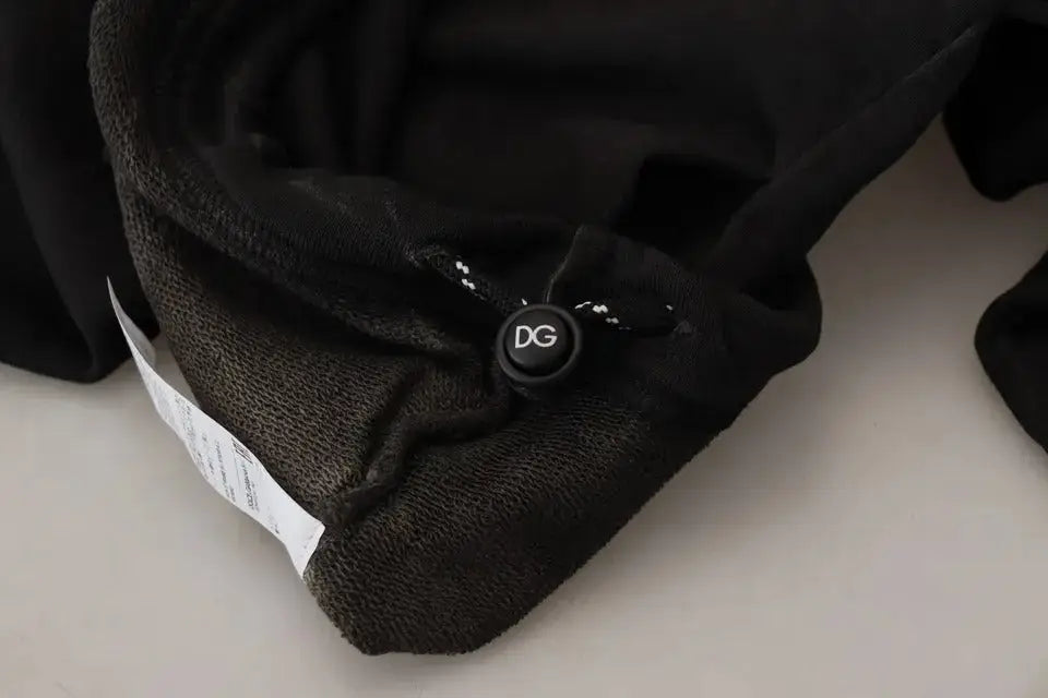 Tissu noir texturé avec un bouton circulaire noir du logo dg sur sweat à capuche en coton dolce & gabbana