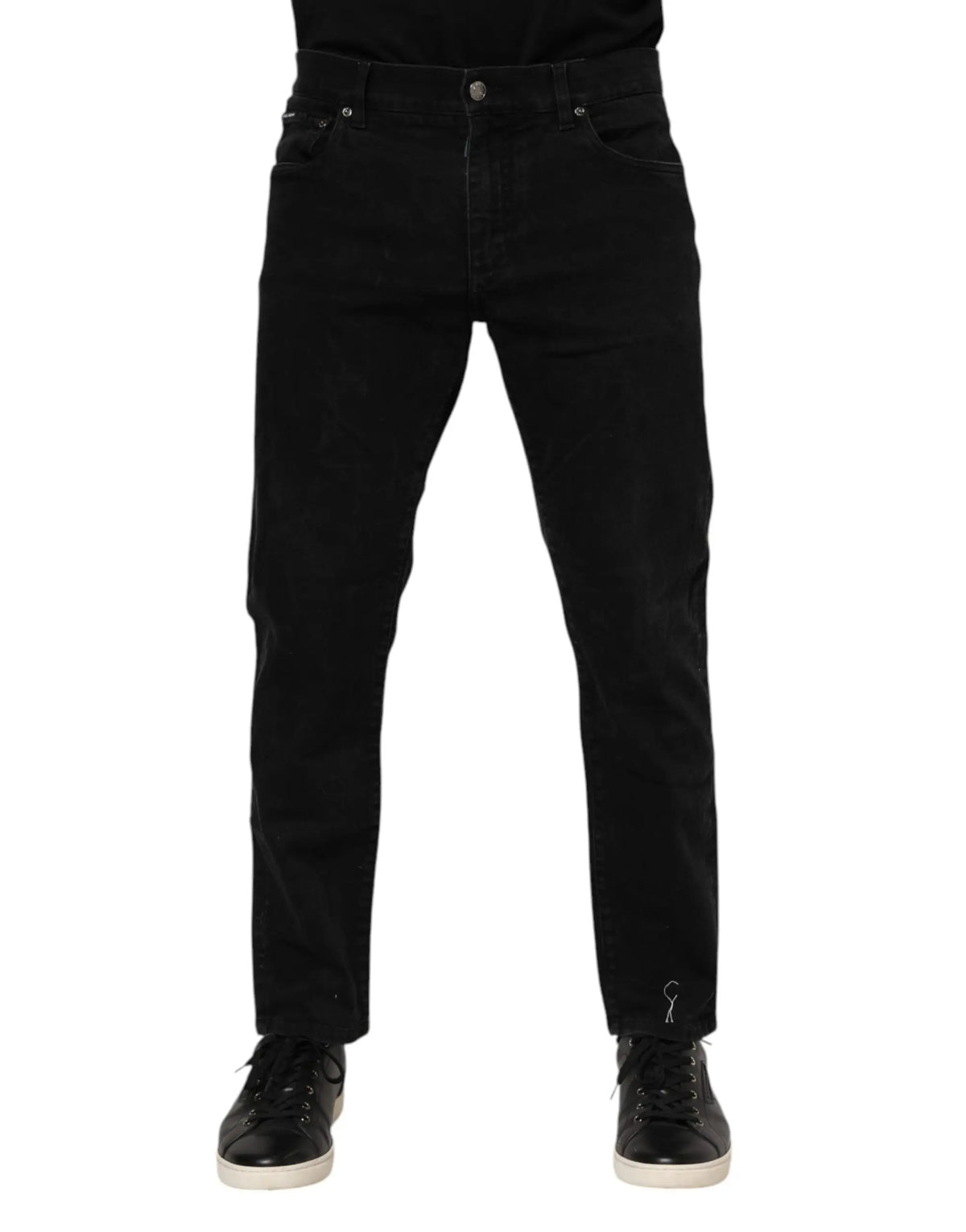 Jean slim en denim noir Dolce & Gabbana en coton avec plaque logo et détails de couture subtils