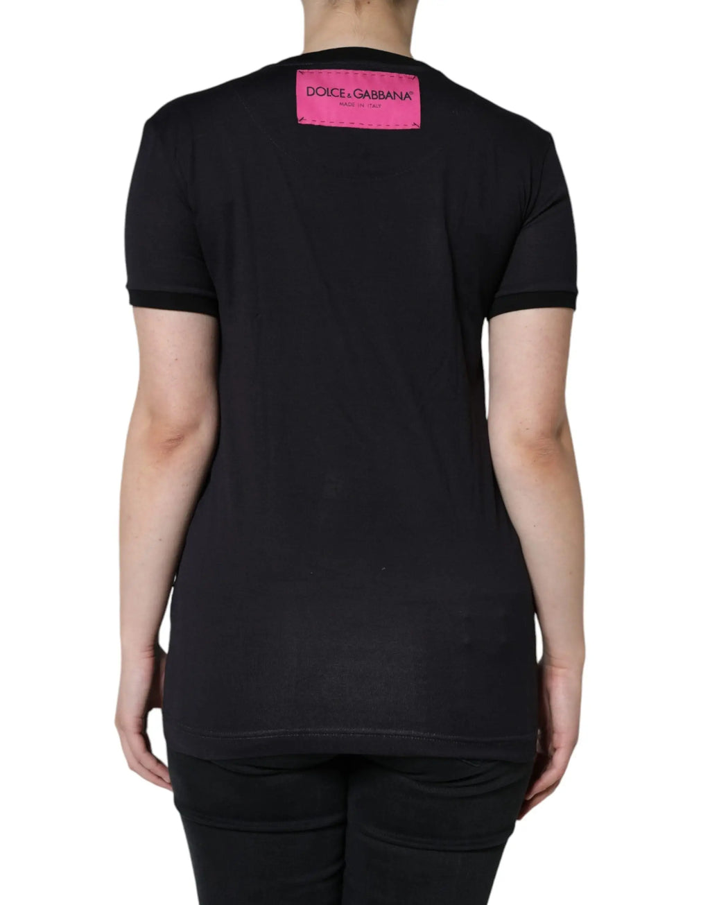 Dolce & gabbana t-shirt noir en coton avec logo imprimé et étiquette rose vif cousue au col rond