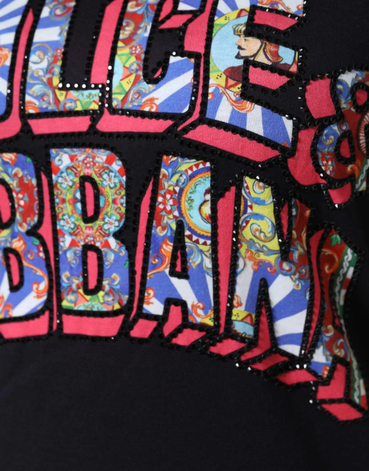 Sweatshirt noir dolce & gabbana en coton avec logo brodé coloré et motifs paisley et rayures détaillés