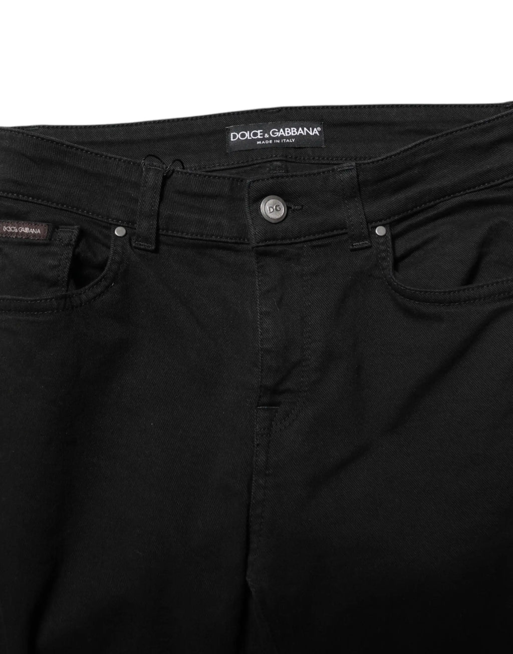Jean slim mi taille en coton noir dolce gabbana avec cinq poches classiques et logo sur la ceinture