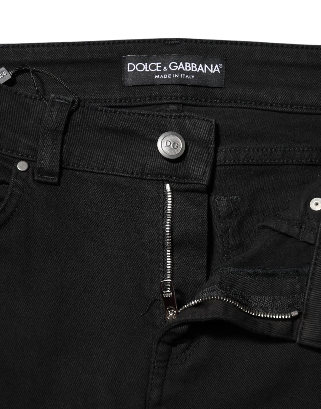 Jean slim mi-haut en denim coton noir dolce & gabbana avec coupe ajustée et détails en métal argenté
