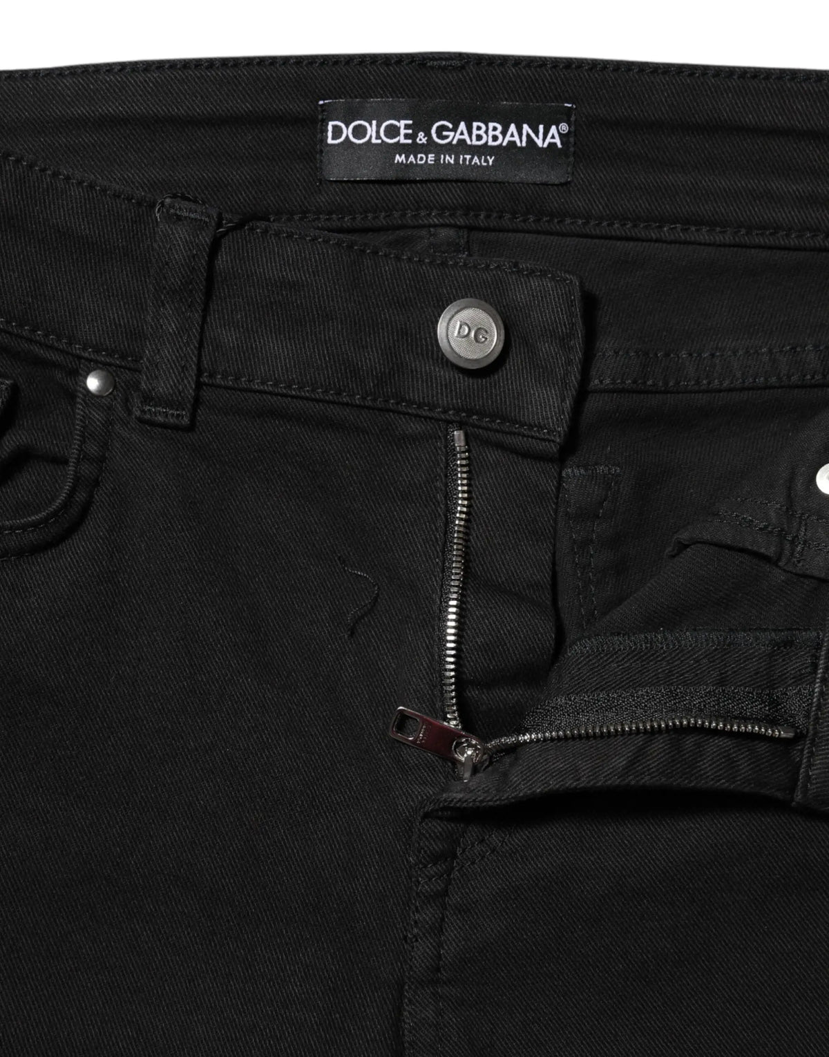 Jean denim noir dolce gabbana en coton avec étiquette logo et bouton argenté slim taille mi-haute