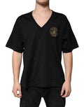 T-shirt dolce & gabbana noir en coton avec col en v et logo doré circulaire orné d’une couronne sur la poitrine
