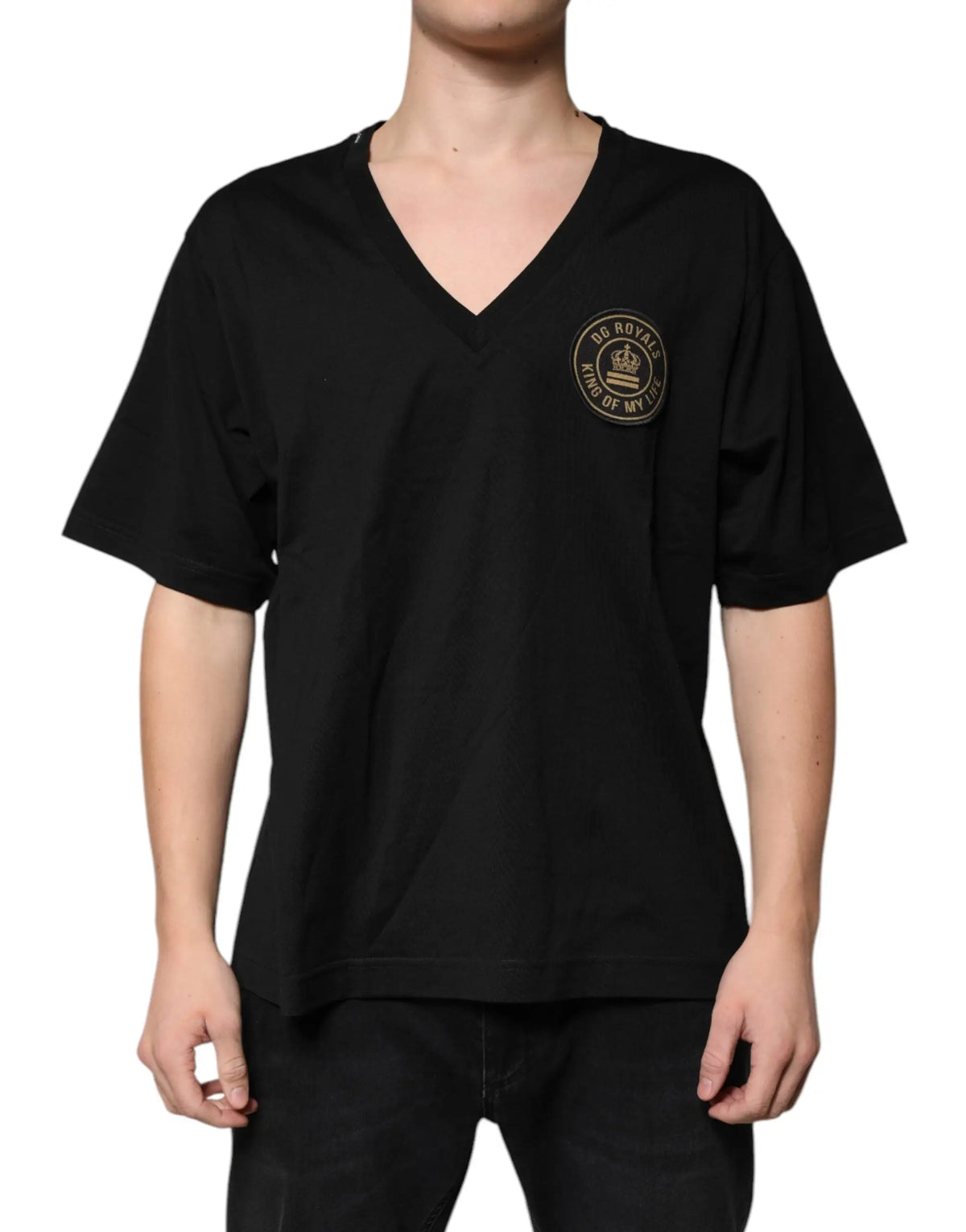 T-shirt dolce & gabbana noir en coton avec col en v et logo doré circulaire orné d’une couronne sur la poitrine