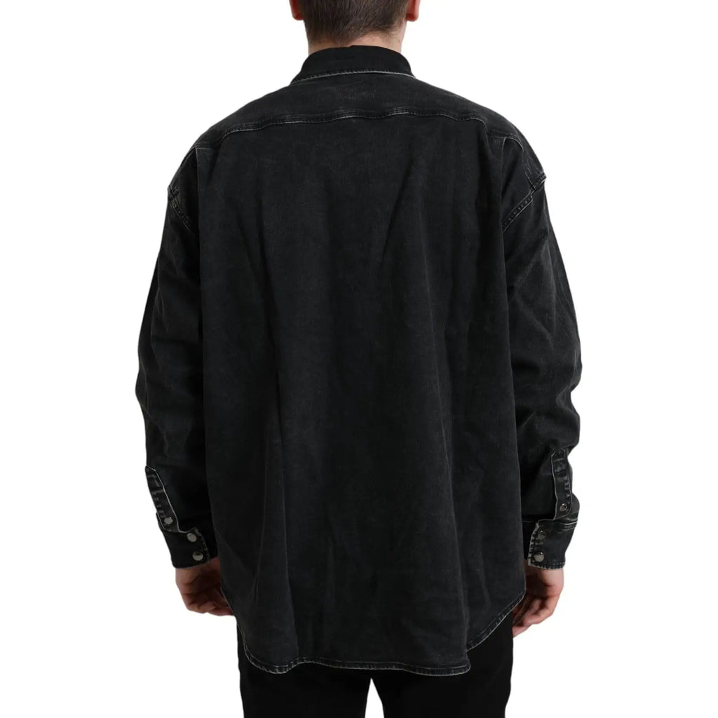 Chemise en denim noire dolce gabbana en coton à manches longues avec surpiqûres blanches contrastantes et poignets boutonnés