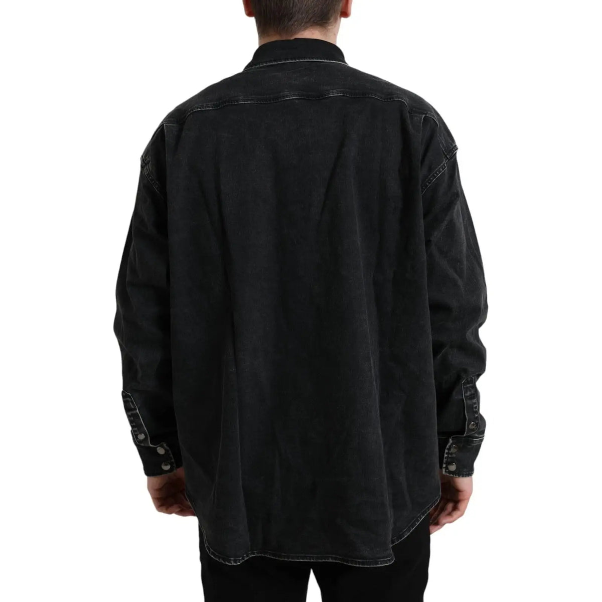 Chemise en denim noire dolce gabbana en coton à manches longues avec surpiqûres blanches contrastantes et poignets boutonnés