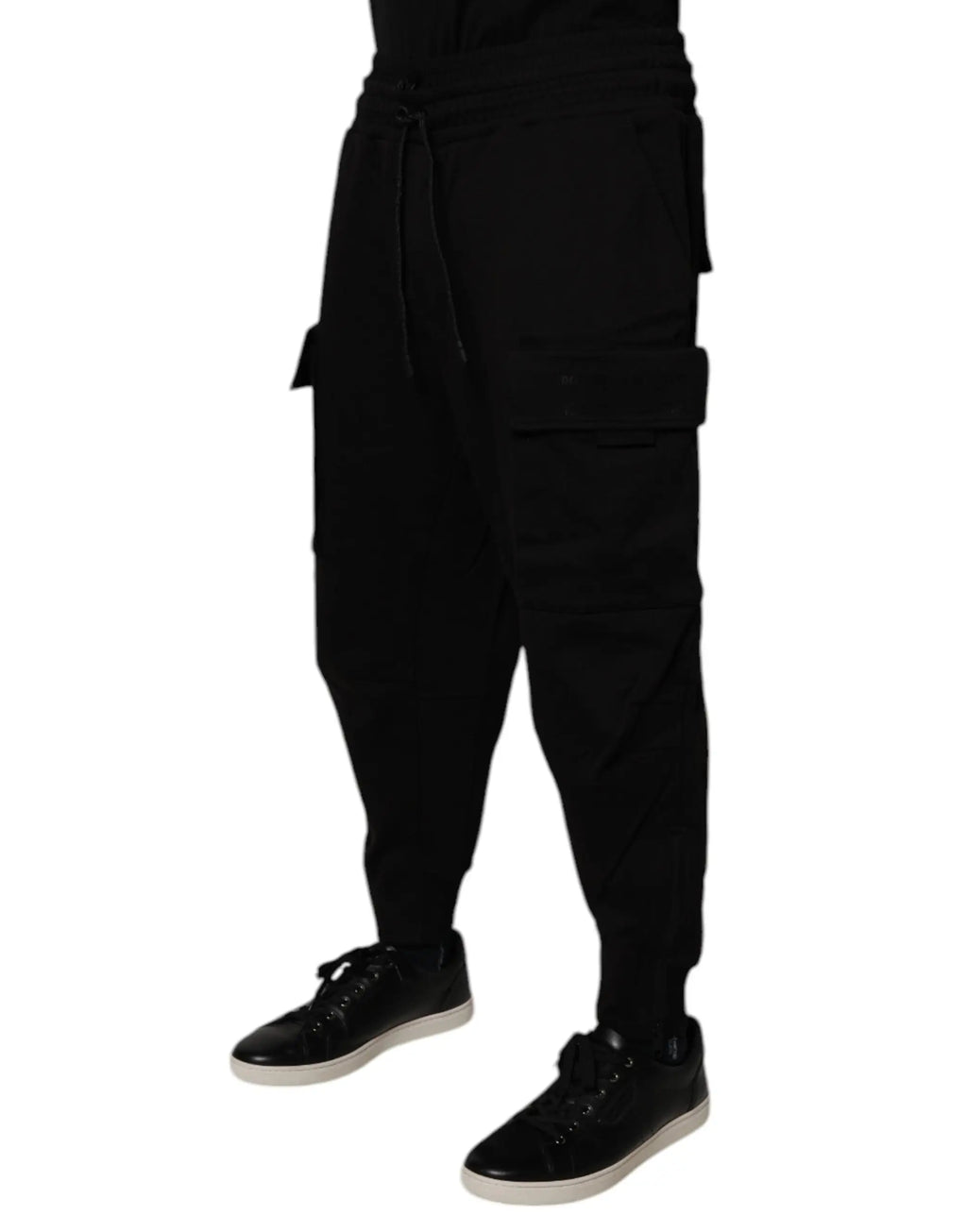 Pantalon cargo noir en coton dolce gabbana pour homme avec taille à cordon et poches multiples