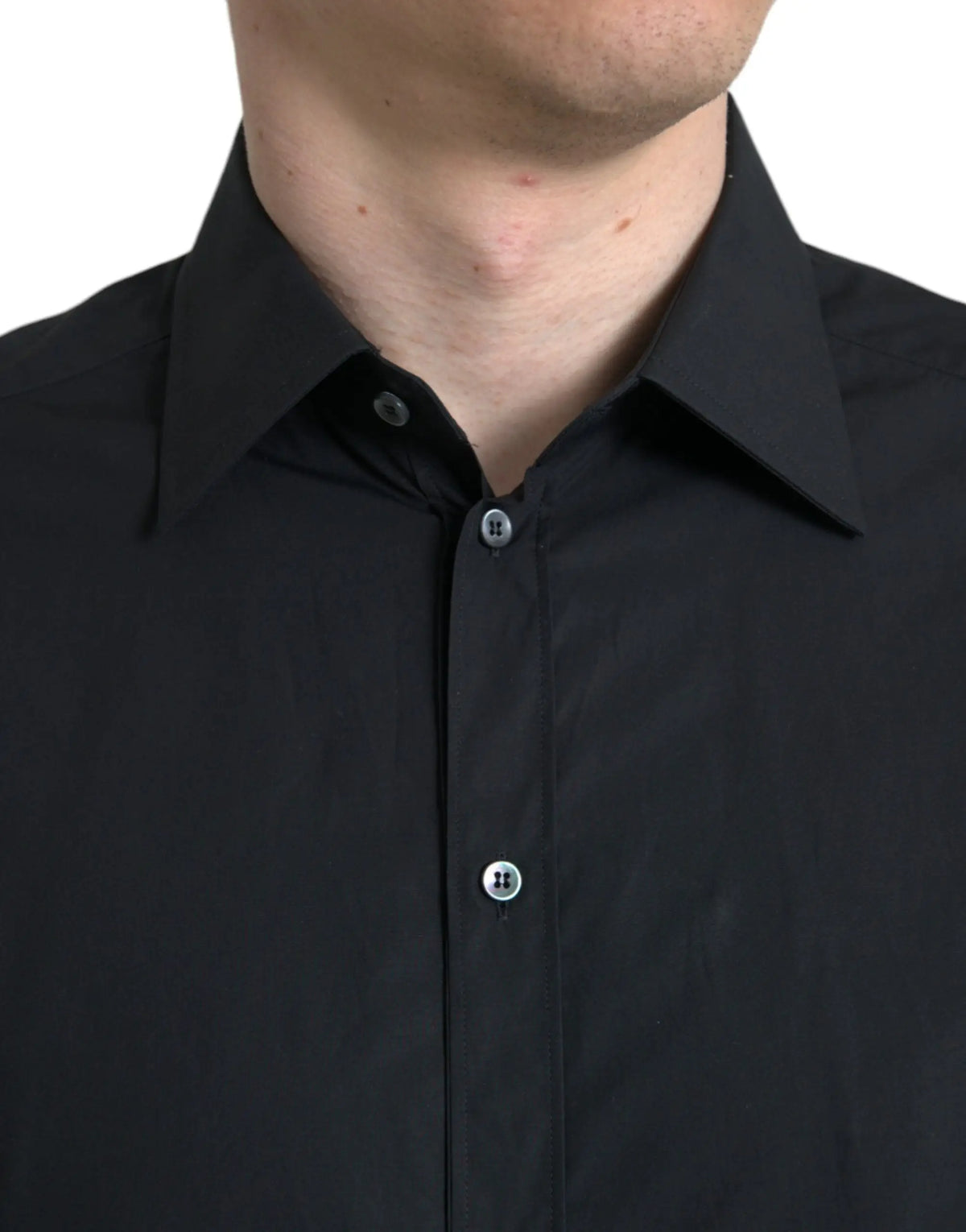 Dolce & gabbana chemise noire pour homme en coton avec col net et boutons argentés ton formel gold