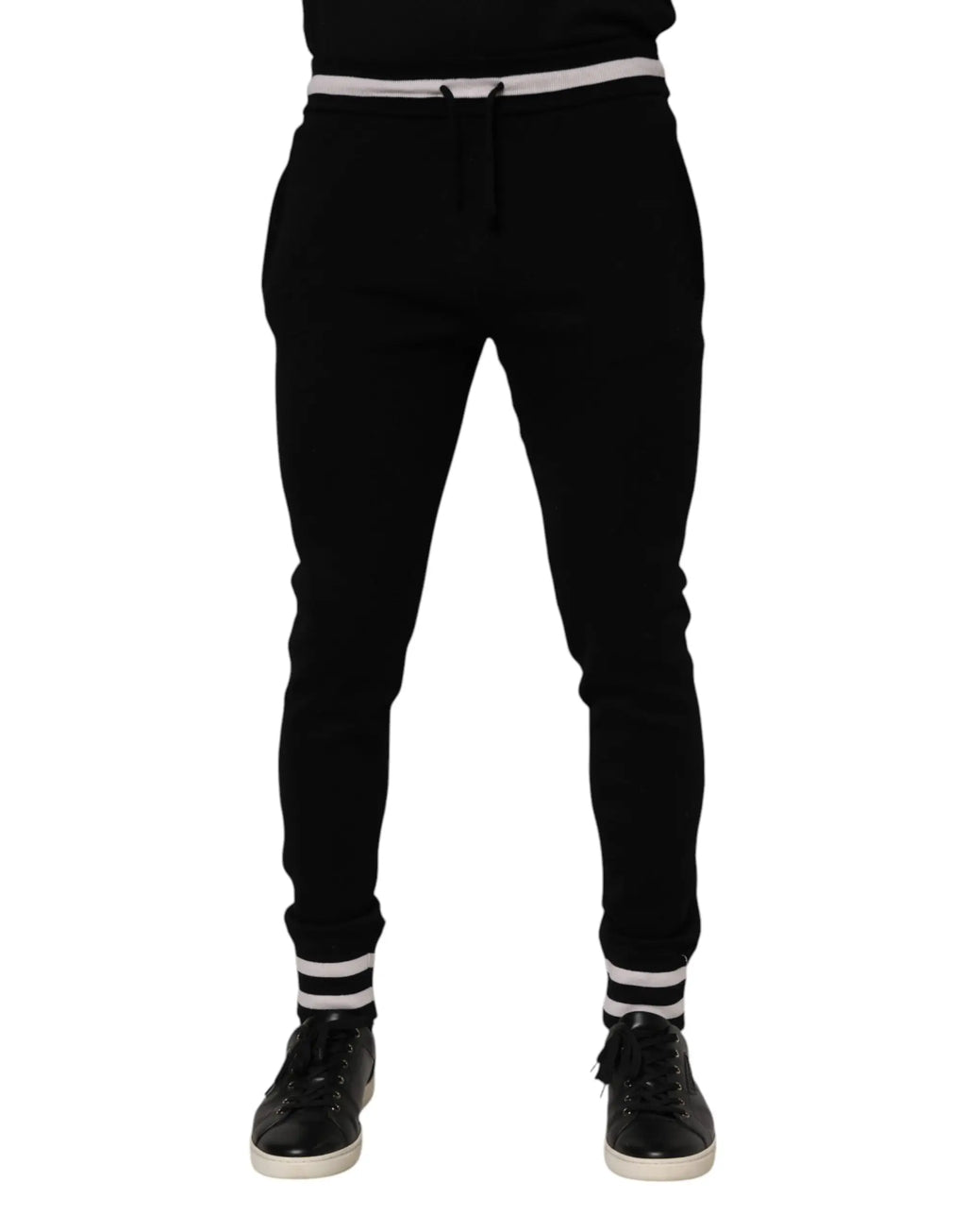 Pantalon jogger en coton noir dolce gabbana pour homme avec ceinture élastique blanche et bords rayés