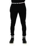 Pantalon jogger en coton noir dolce gabbana pour homme avec ceinture élastique blanche et bords rayés