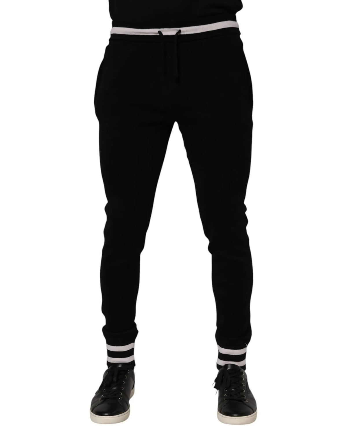 Pantalon jogger en coton noir dolce gabbana pour homme avec ceinture élastique blanche et bords rayés