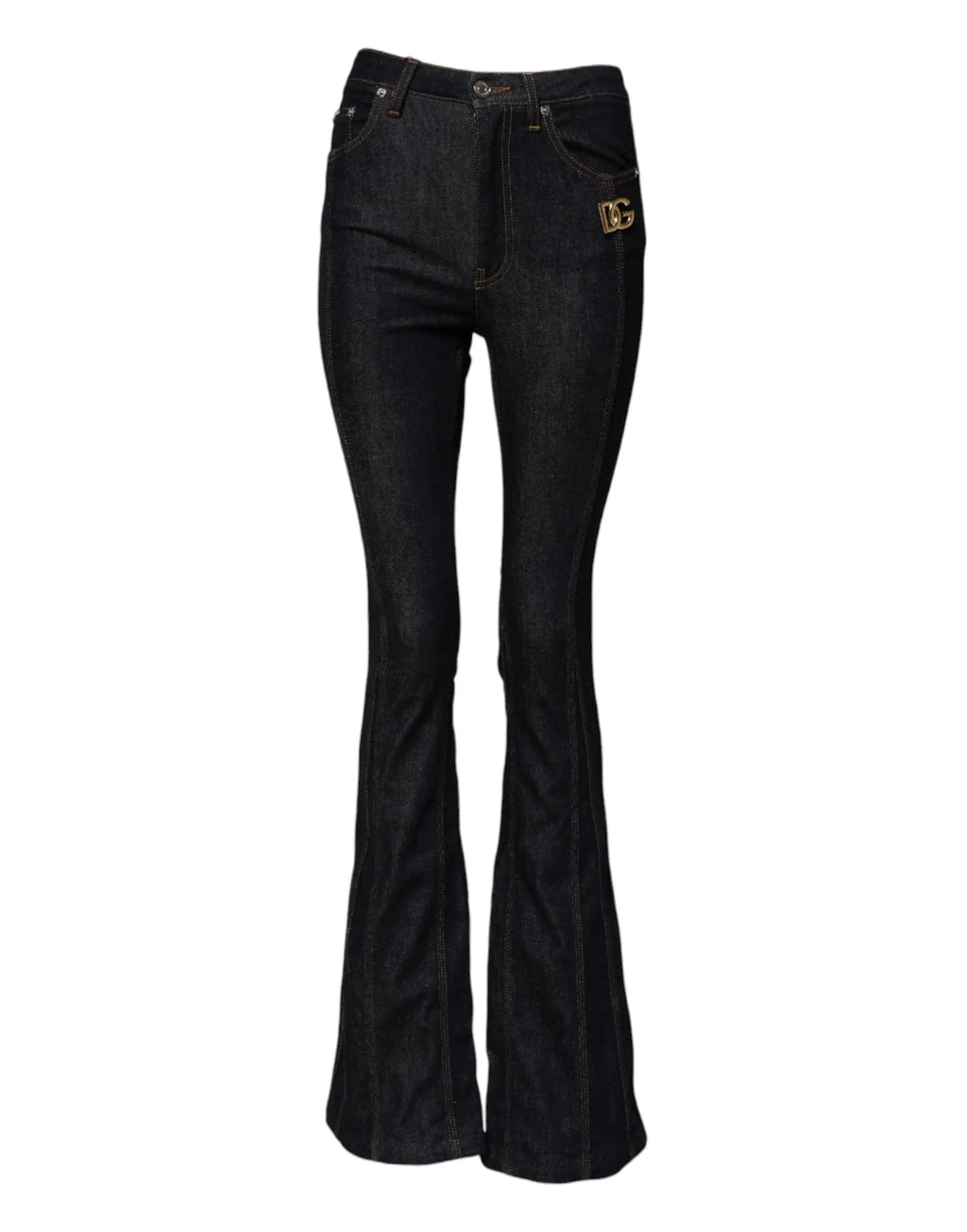 Dolce gabbana jean en denim noir coton mi taille coupe flare avec patch logo dg doré sur poche avant droite