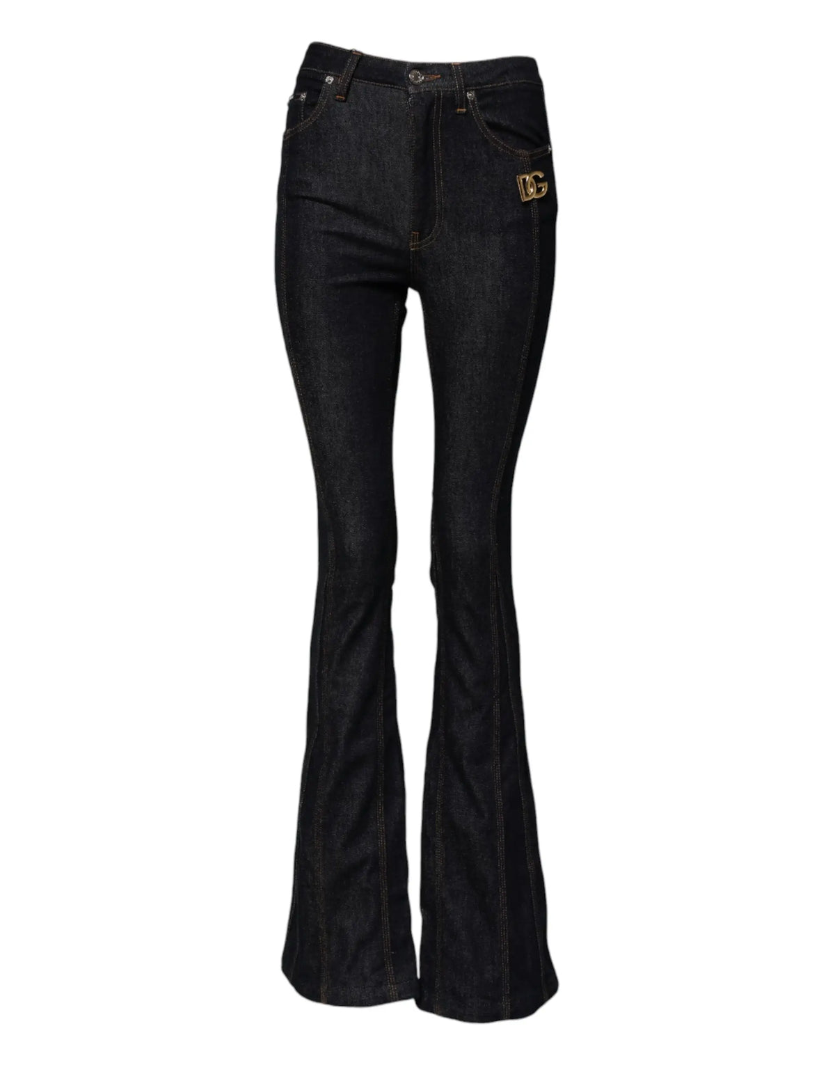 Dolce gabbana jean en denim noir coton mi taille coupe flare avec patch logo dg doré sur poche avant droite