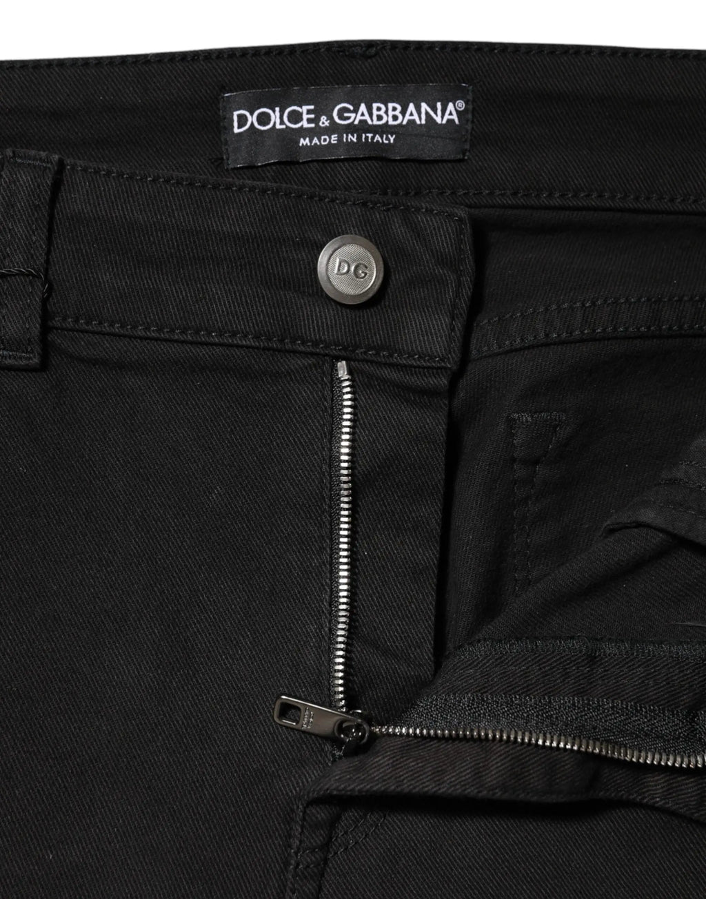Jean en denim coton noir dolce & gabbana taille mi-haute avec bouton argenté et étiquette de marque visible